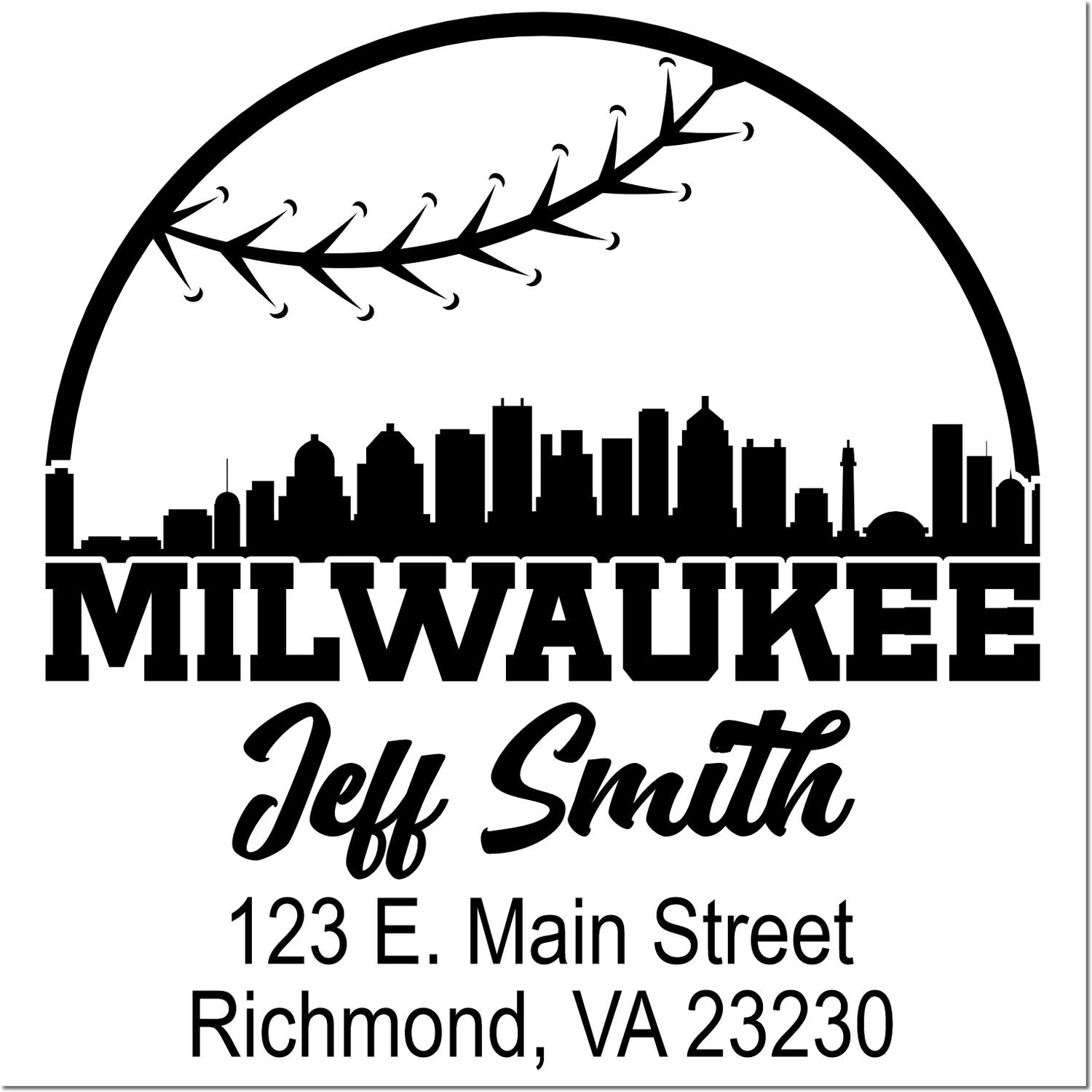 Personalized Milwaukee skyline return address rubber stamp for Jeff Smith, Richmond VA 23230.