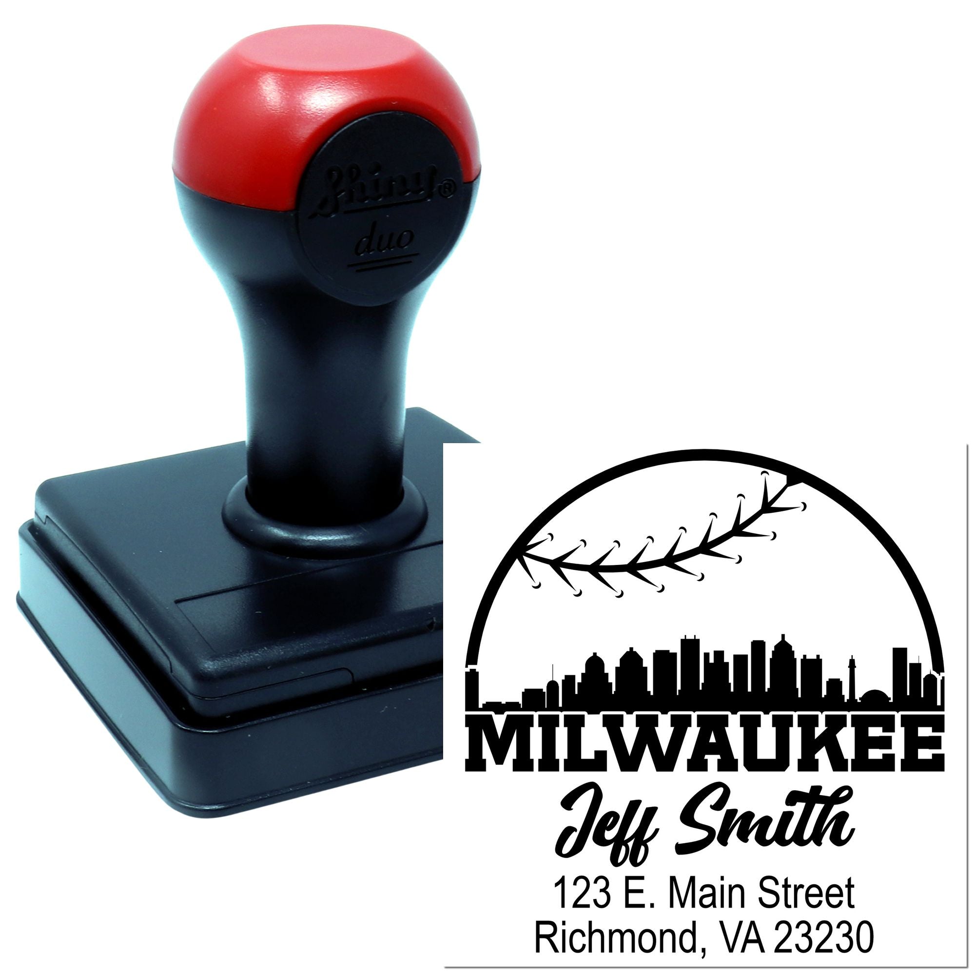Custom self-inking rubber return address stamp for Milwaukee Jeff Smith, featuring skyline logo and address imprint.