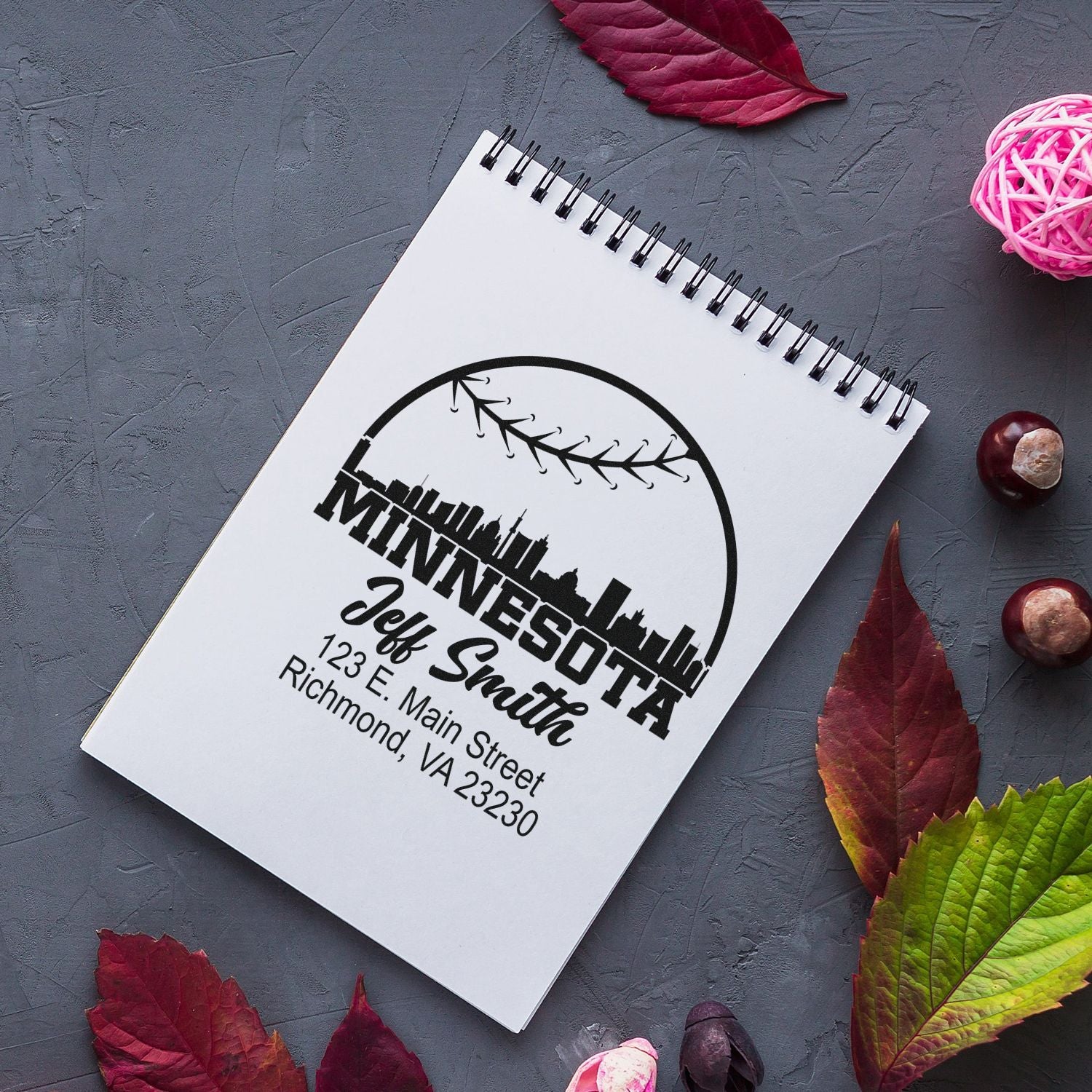 Custom Minneapolis return address rubber stamp with skyline design for Jeff Smith