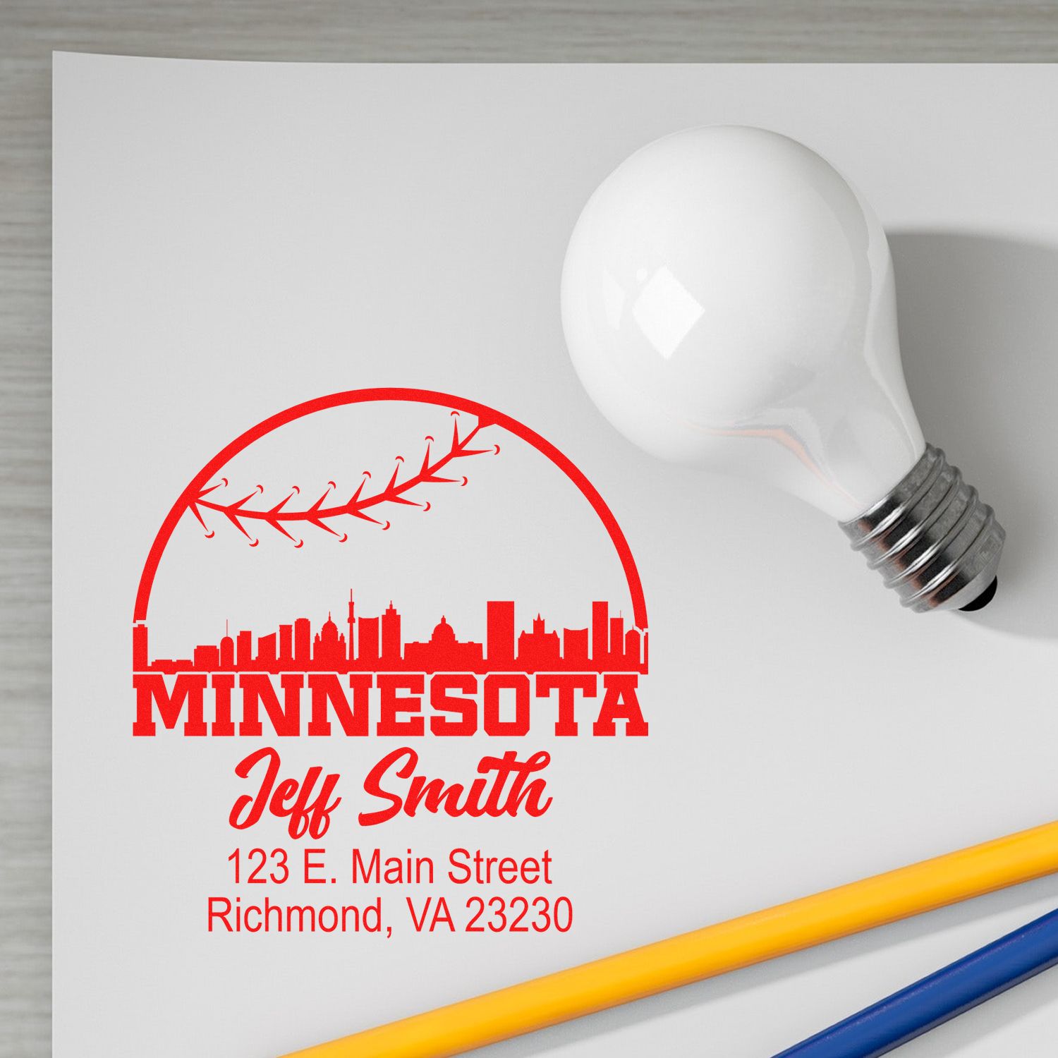 Custom Minnesota rubber stamp with skyline and baseball design, personalized with Jeff Smith and Richmond, VA address.