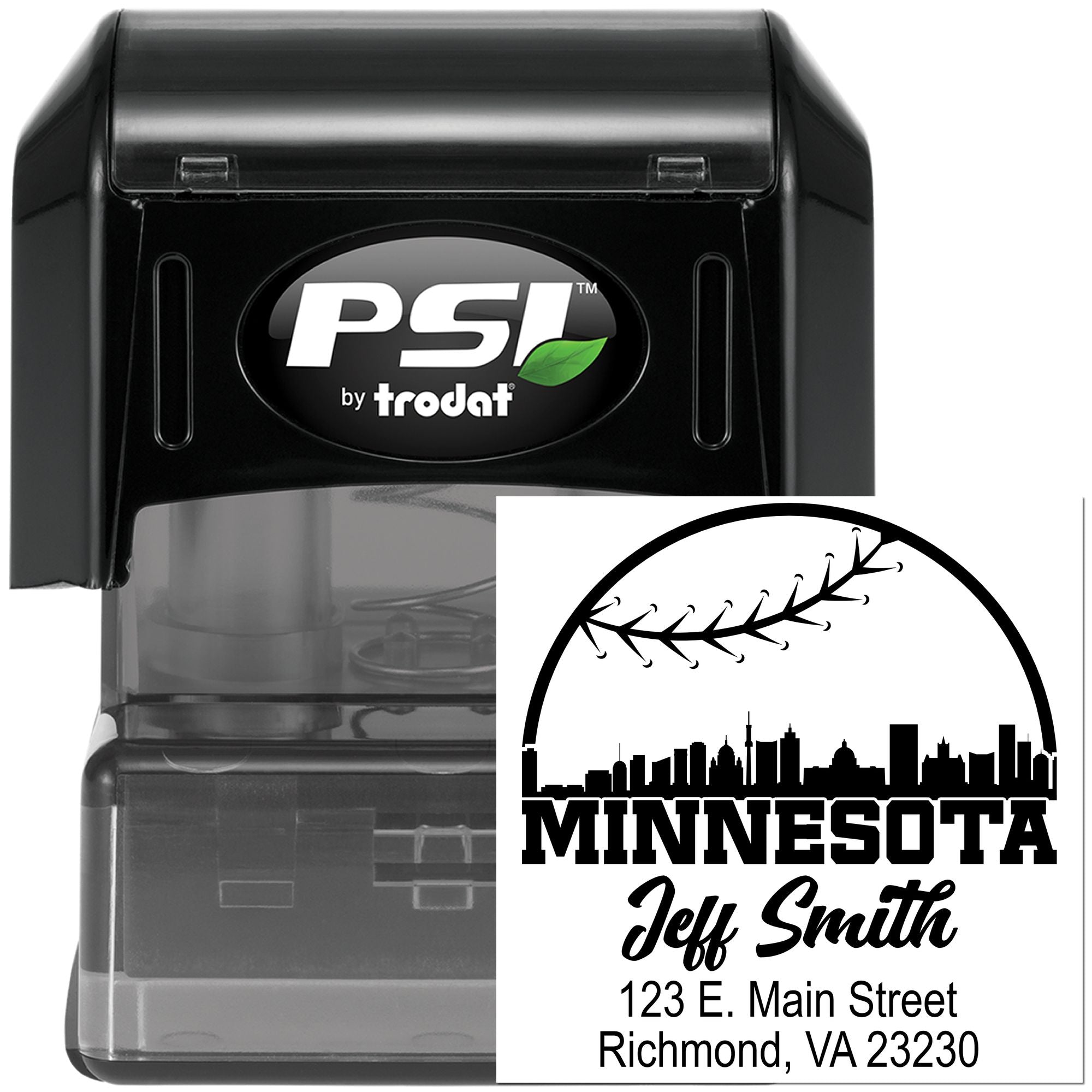 Custom self-inking rubber stamp by PSI Trodat for Minnesota return address labels and mailing use
