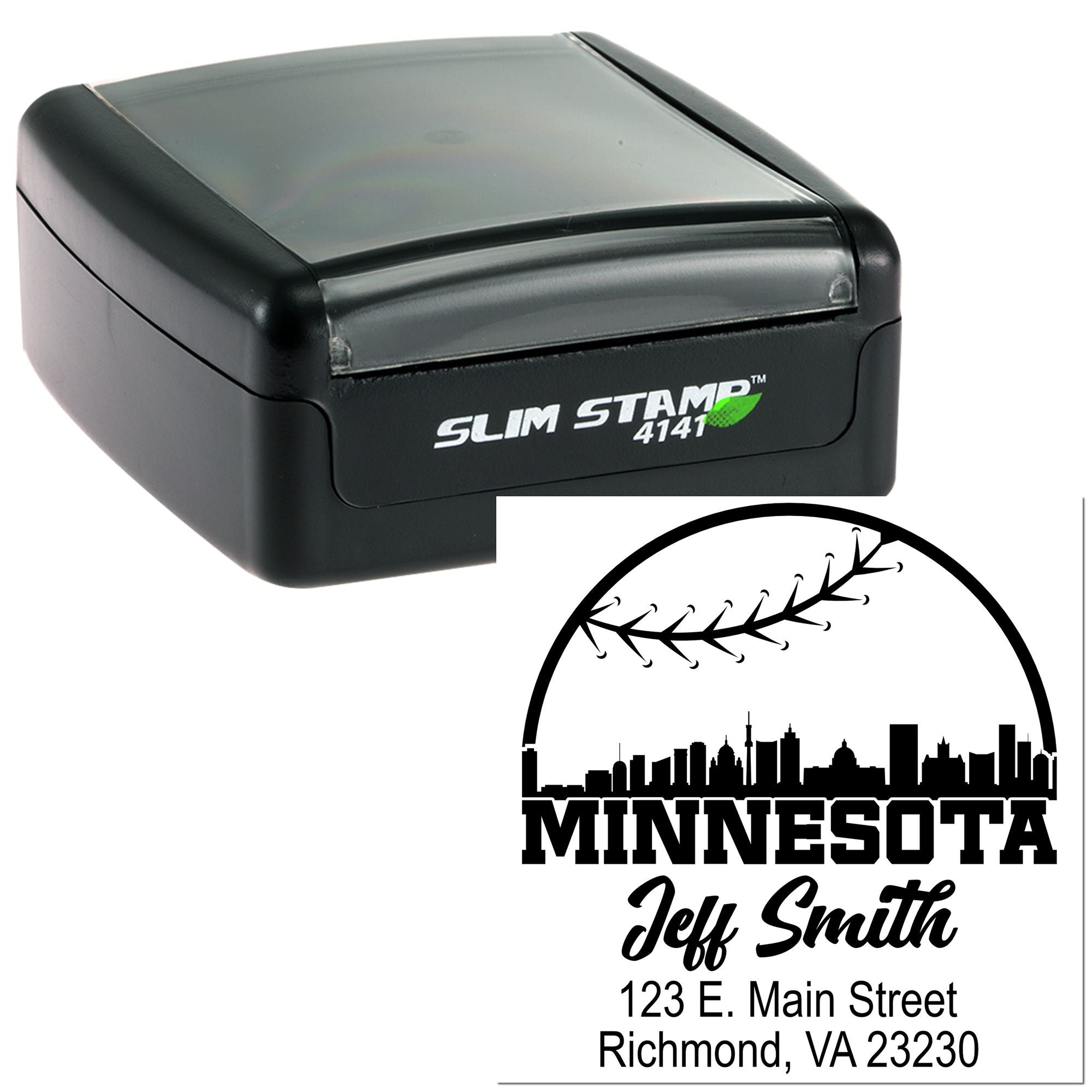Minnesota skyline return address self-inking Slim Stamp rubber stamp with personalized Jeff Smith mailing address