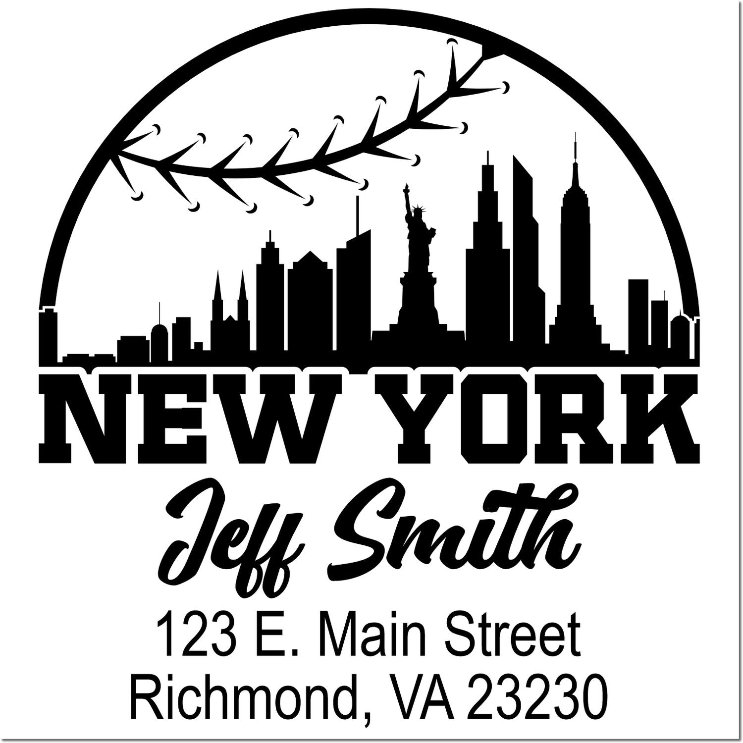 Custom New York skyline rubber stamp for Jeff Smith with return address, 123 E. Main Street, Richmond, VA 23230.