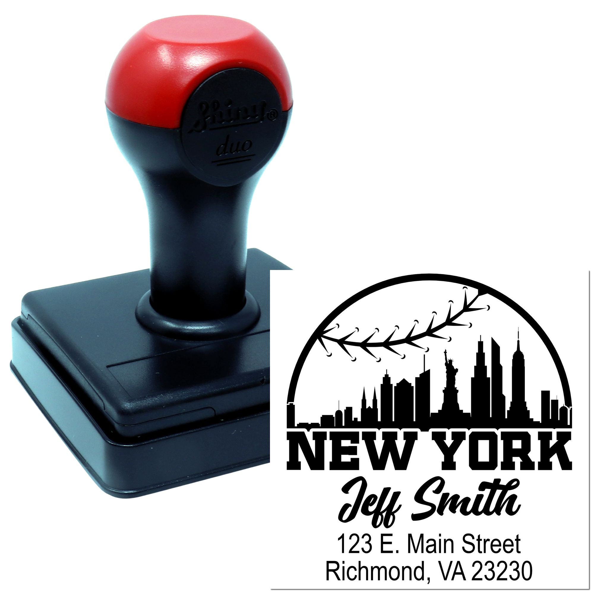 Custom self-inking rubber stamp with New York skyline, name, and return address for business branding.