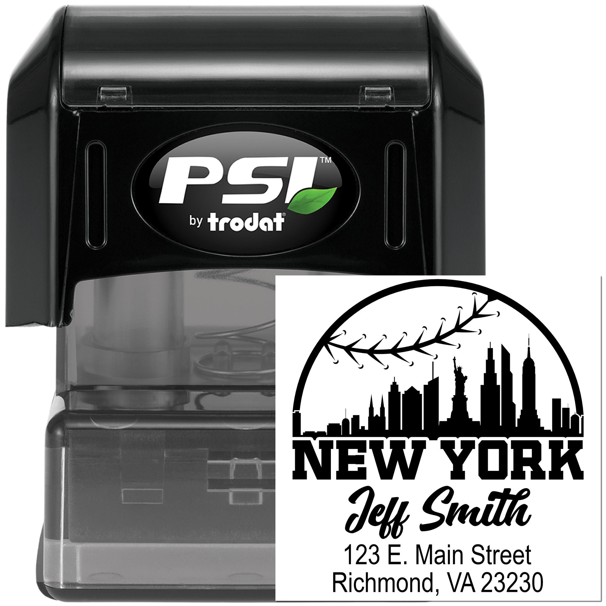 PSI by Trodat self-inking return address rubber stamp with custom New York skyline design.