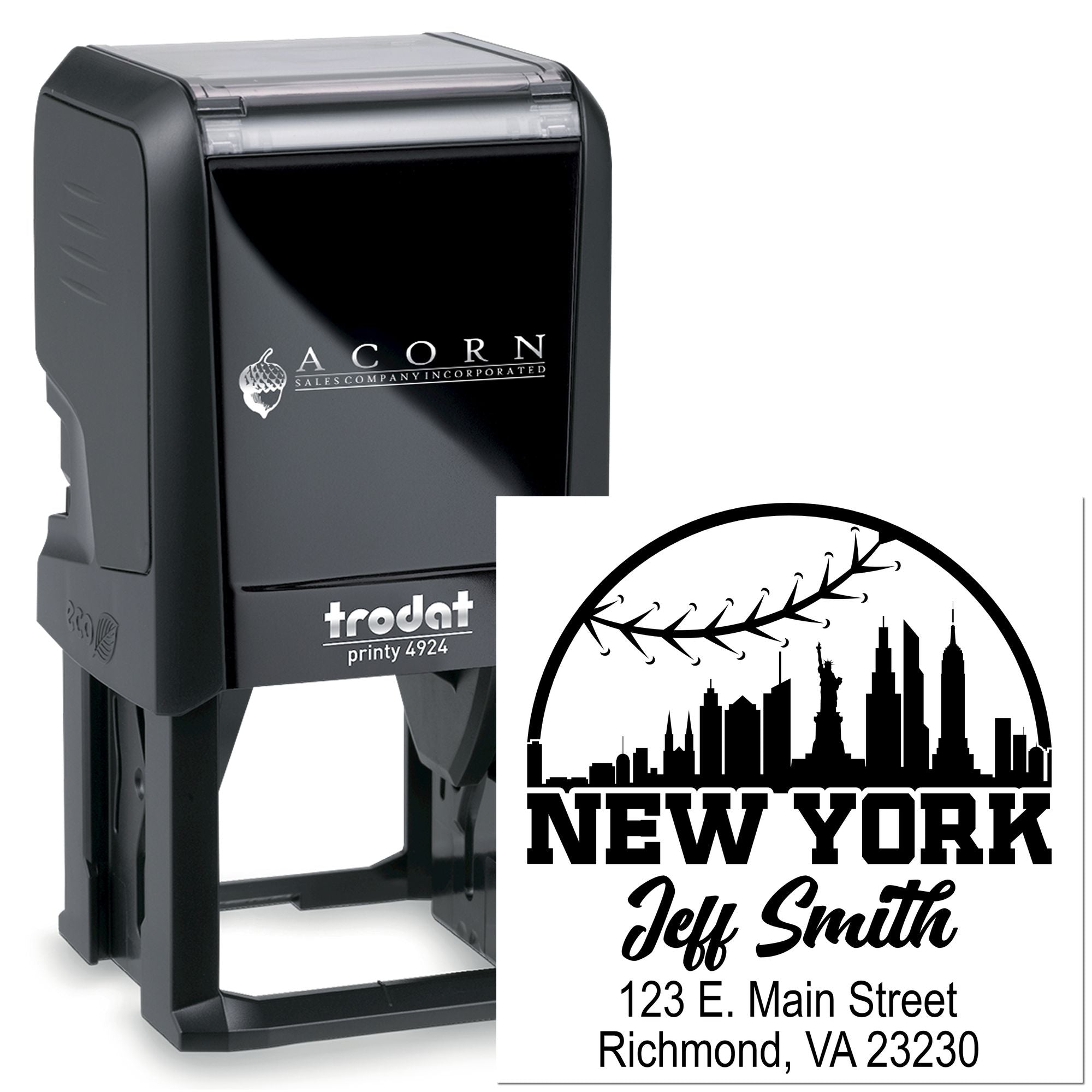 Custom Trodat self-inking rubber stamp with New York skyline, Jeff Smith name, and Richmond, VA address