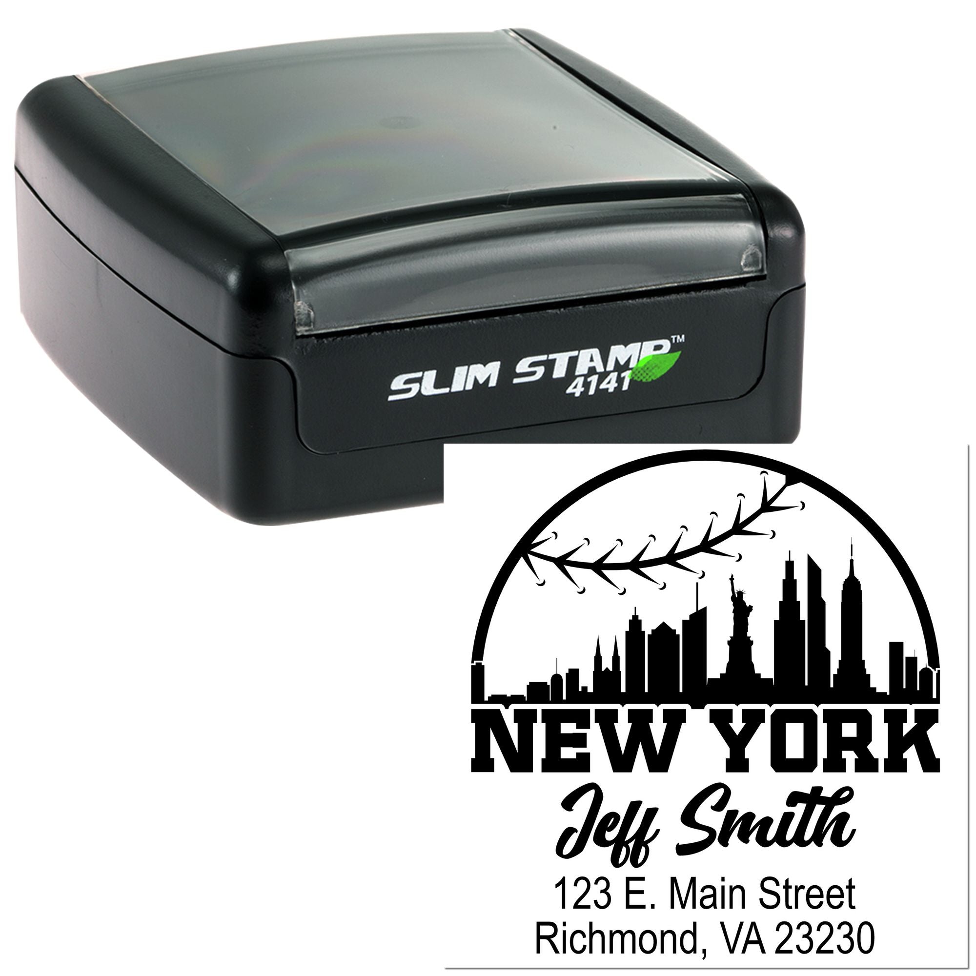 Custom self-inking rubber stamp with New York return address design, ideal for mailing, branding, and personal use.