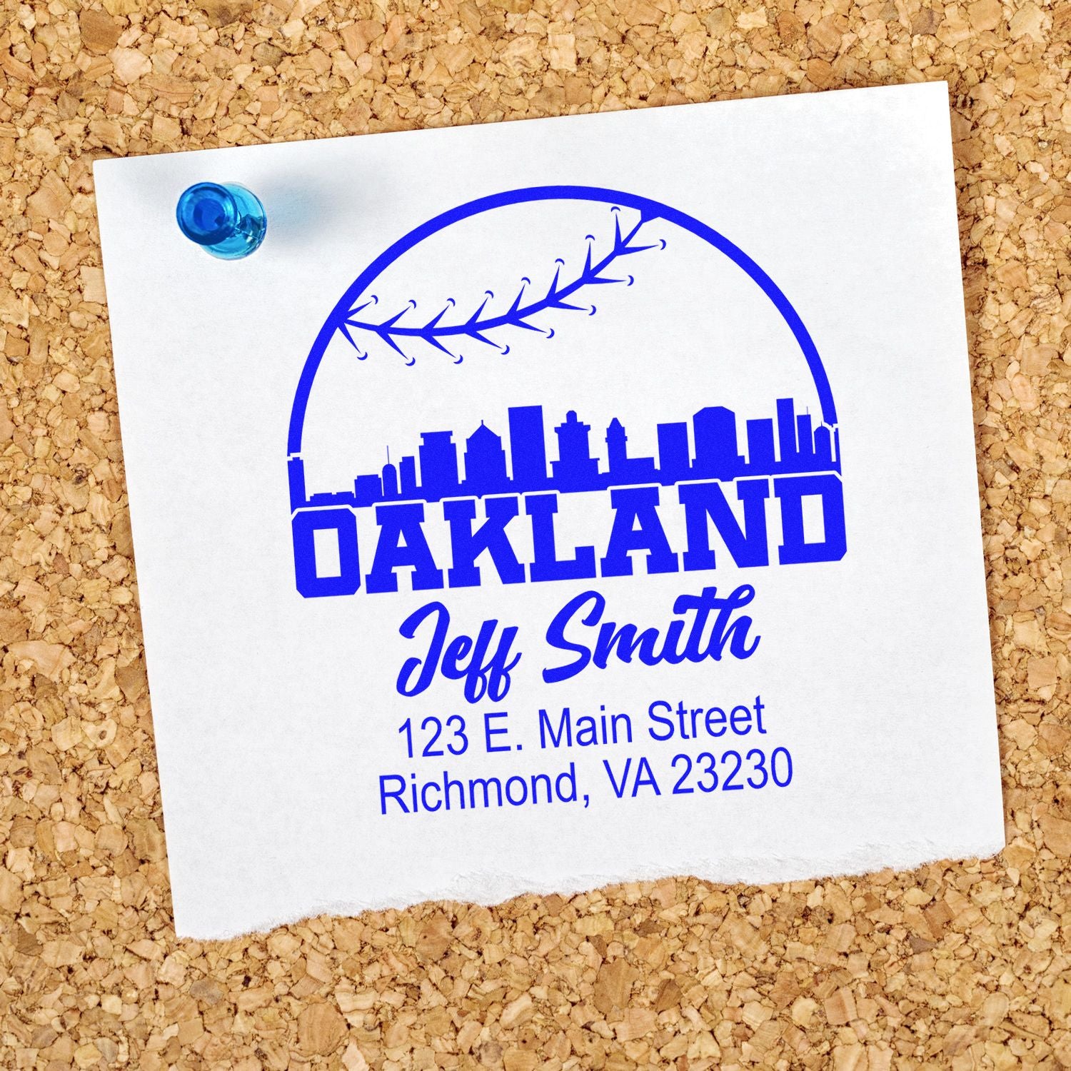 Custom Oakland rubber address stamp with skyline, Jeff Smith, and Richmond, VA return address.