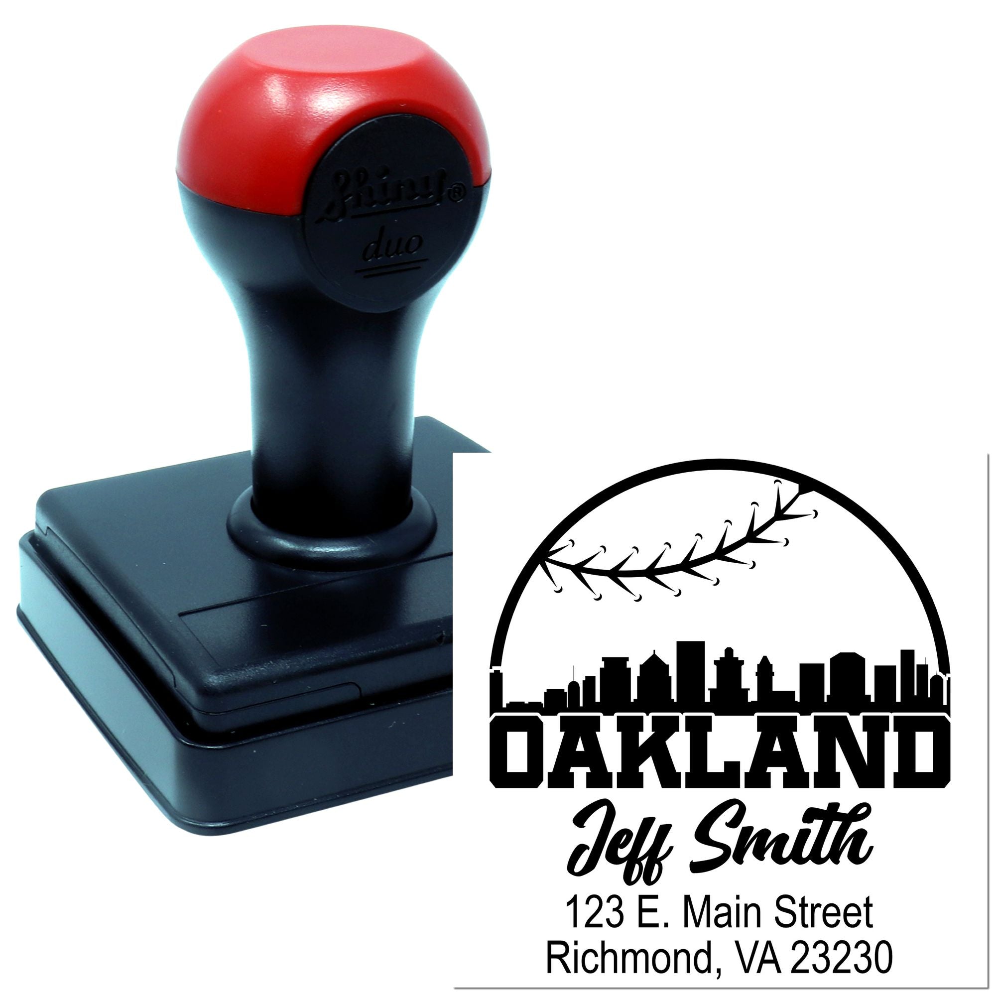 Custom self-inking rubber stamp with Oakland skyline and return address design for Jeff Smith.