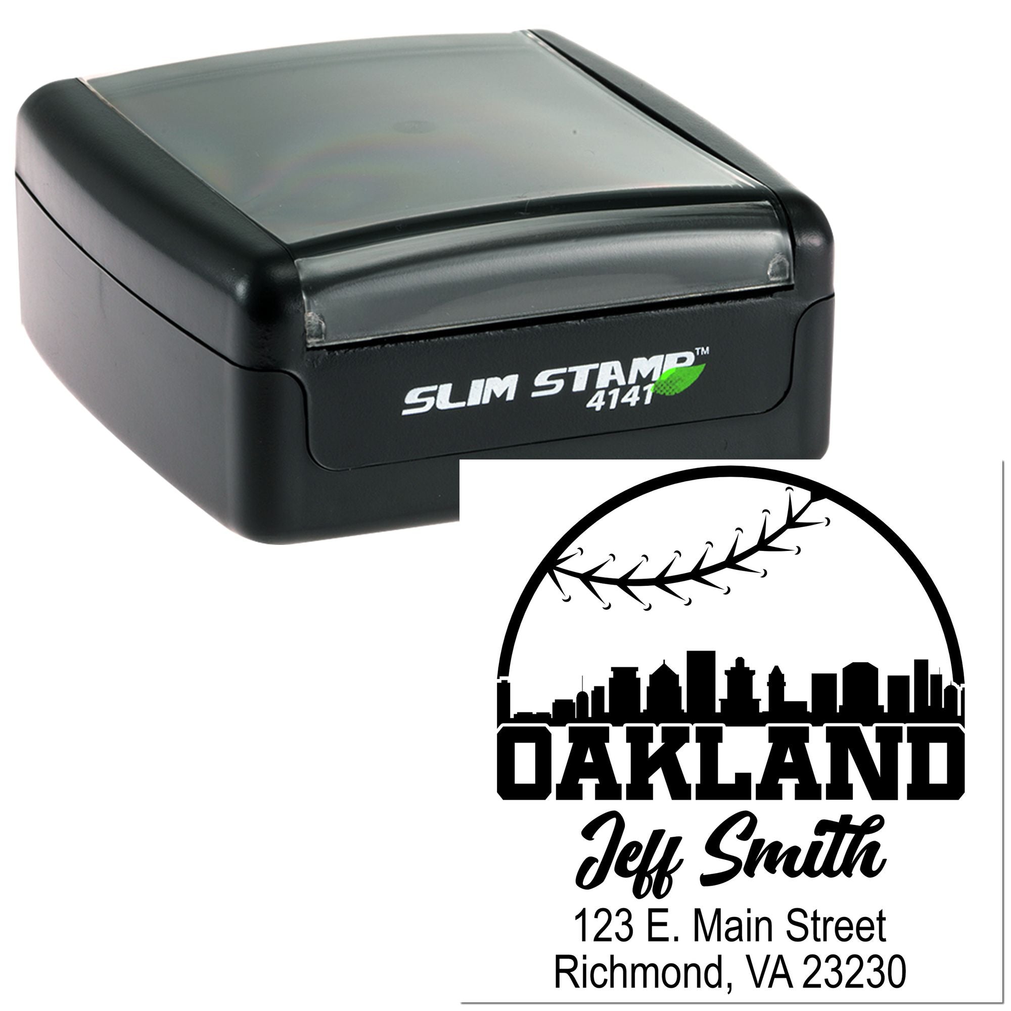 Personalized self-inking rubber address stamp with Oakland skyline, Jeff Smith name, and Richmond, VA address.