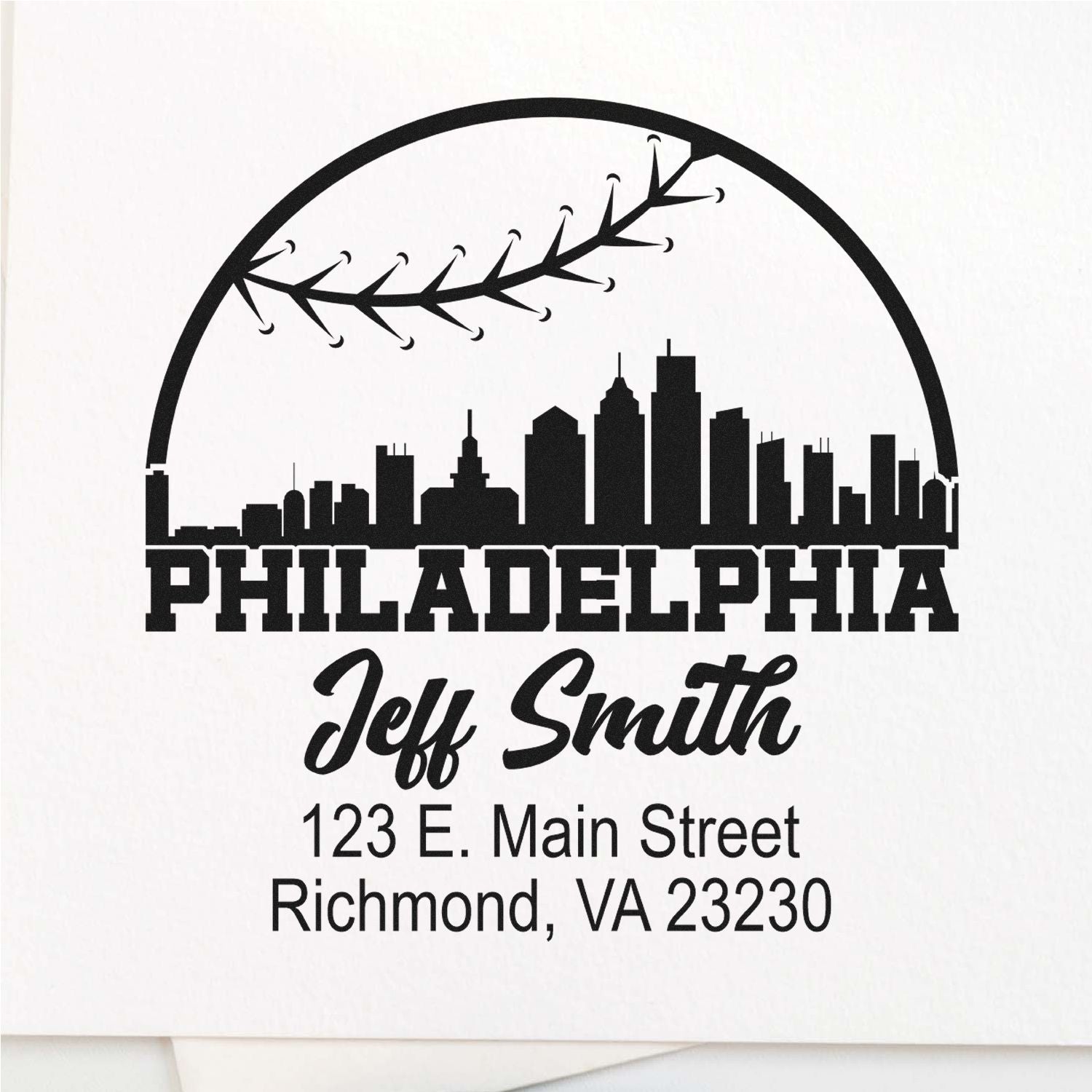 Custom Philadelphia skyline rubber stamp with Jeff Smith return address, 123 E. Main Street, Richmond, VA 23230.