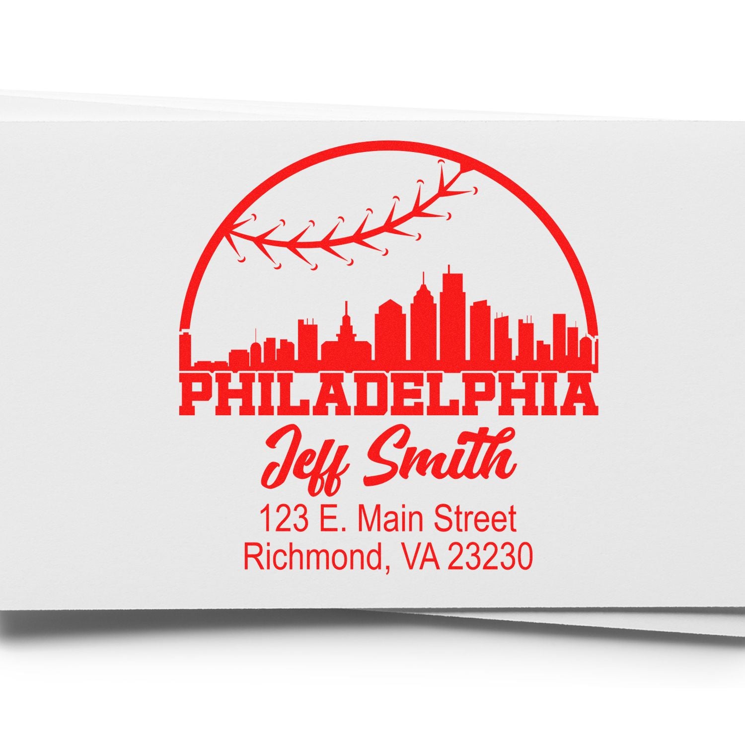 Custom Philadelphia return address rubber stamp with skyline, Jeff Smith name, and Richmond, VA address.