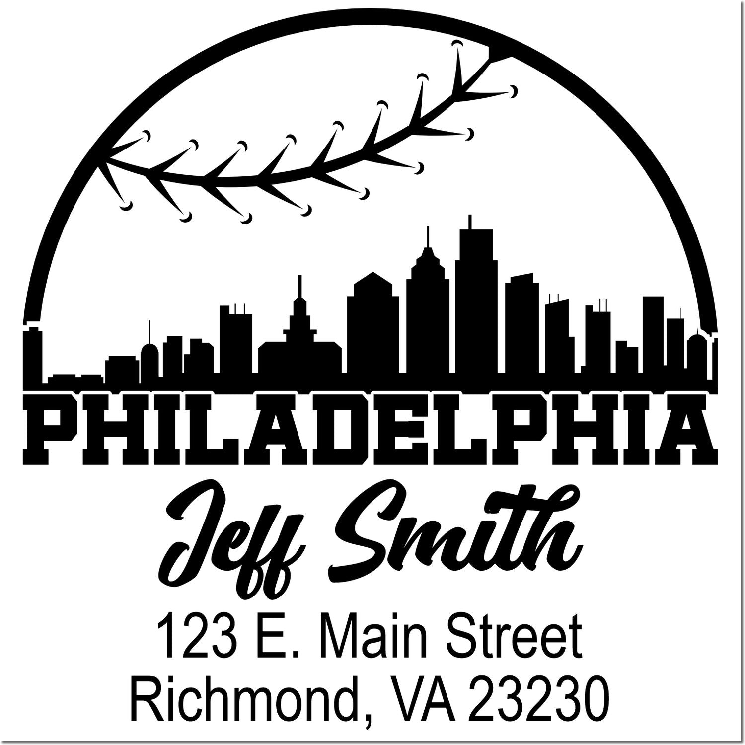Philadelphia skyline custom address rubber stamp for Jeff Smith, 123 E. Main Street, Richmond, VA 23230