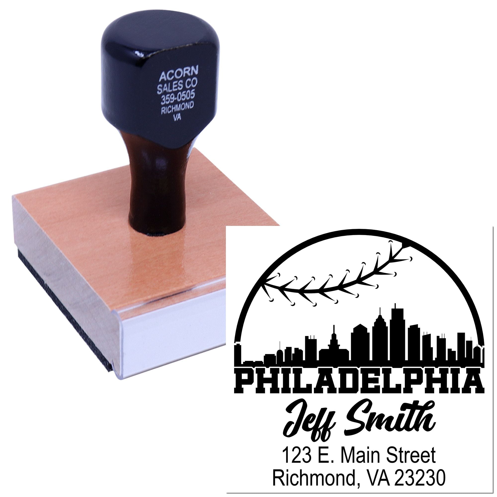Custom rubber address stamp with Philadelphia skyline design and business return address for branding envelopes and packaging.