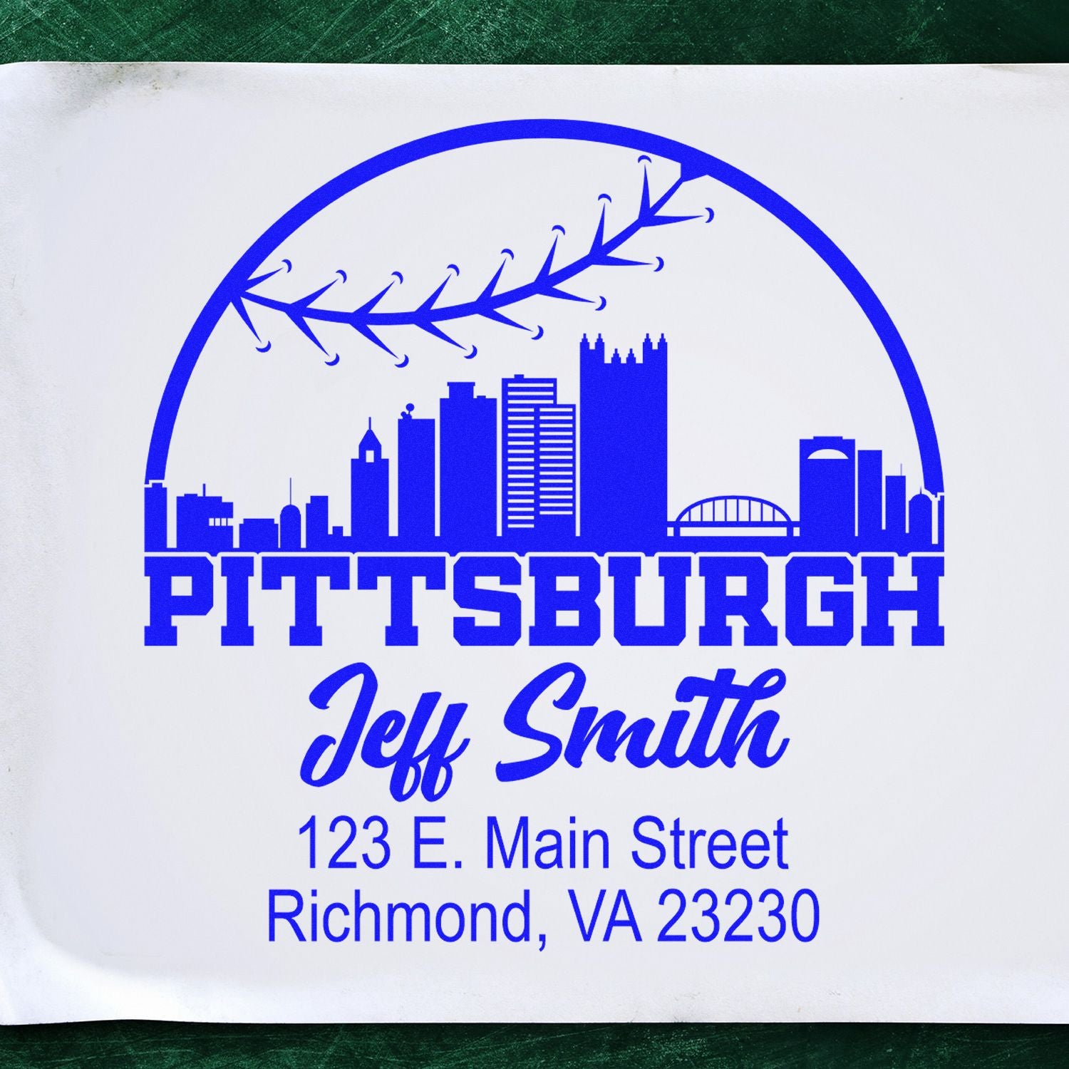 Custom Pittsburgh rubber stamp design with skyline, Jeff Smith name, and Richmond, VA address.