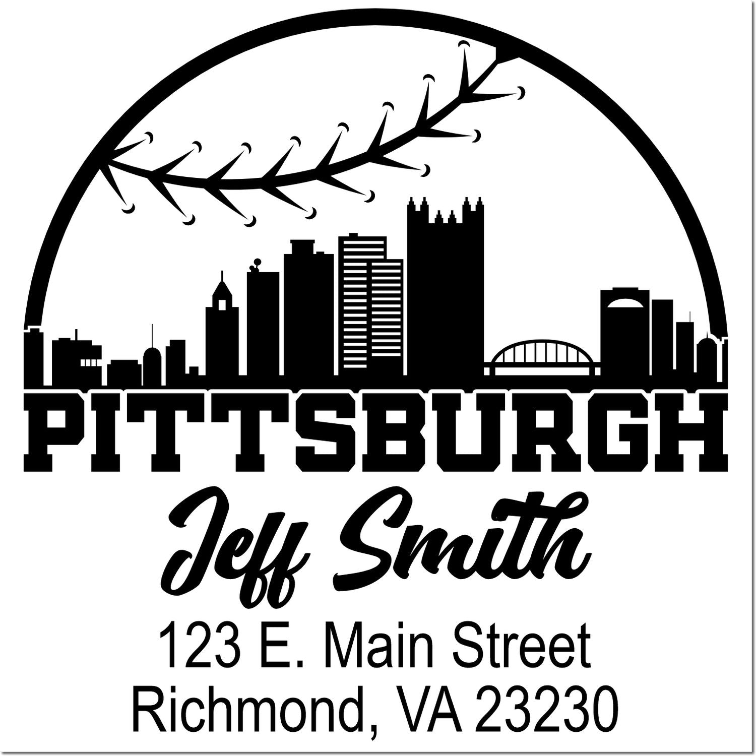 Custom Pittsburgh skyline and bridge return address rubber stamp for Jeff Smith, 123 E. Main Street, Richmond, VA 23230