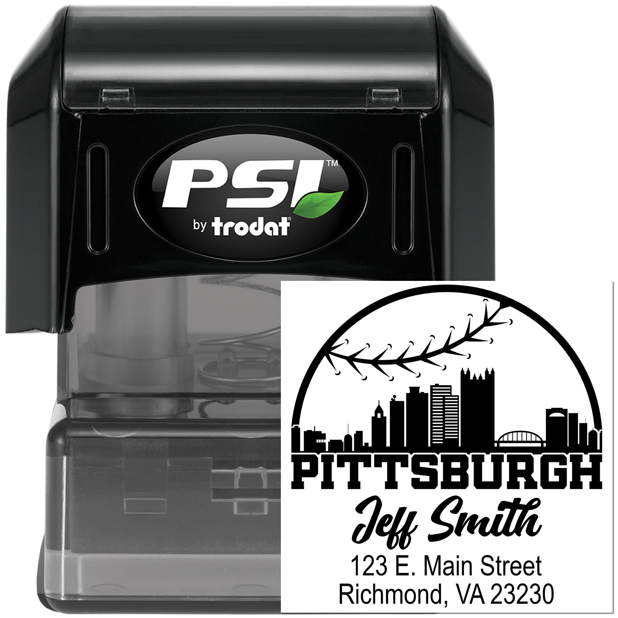 PSI by Trodat custom self-inking rubber stamp with Pittsburgh skyline address imprint for business mailing