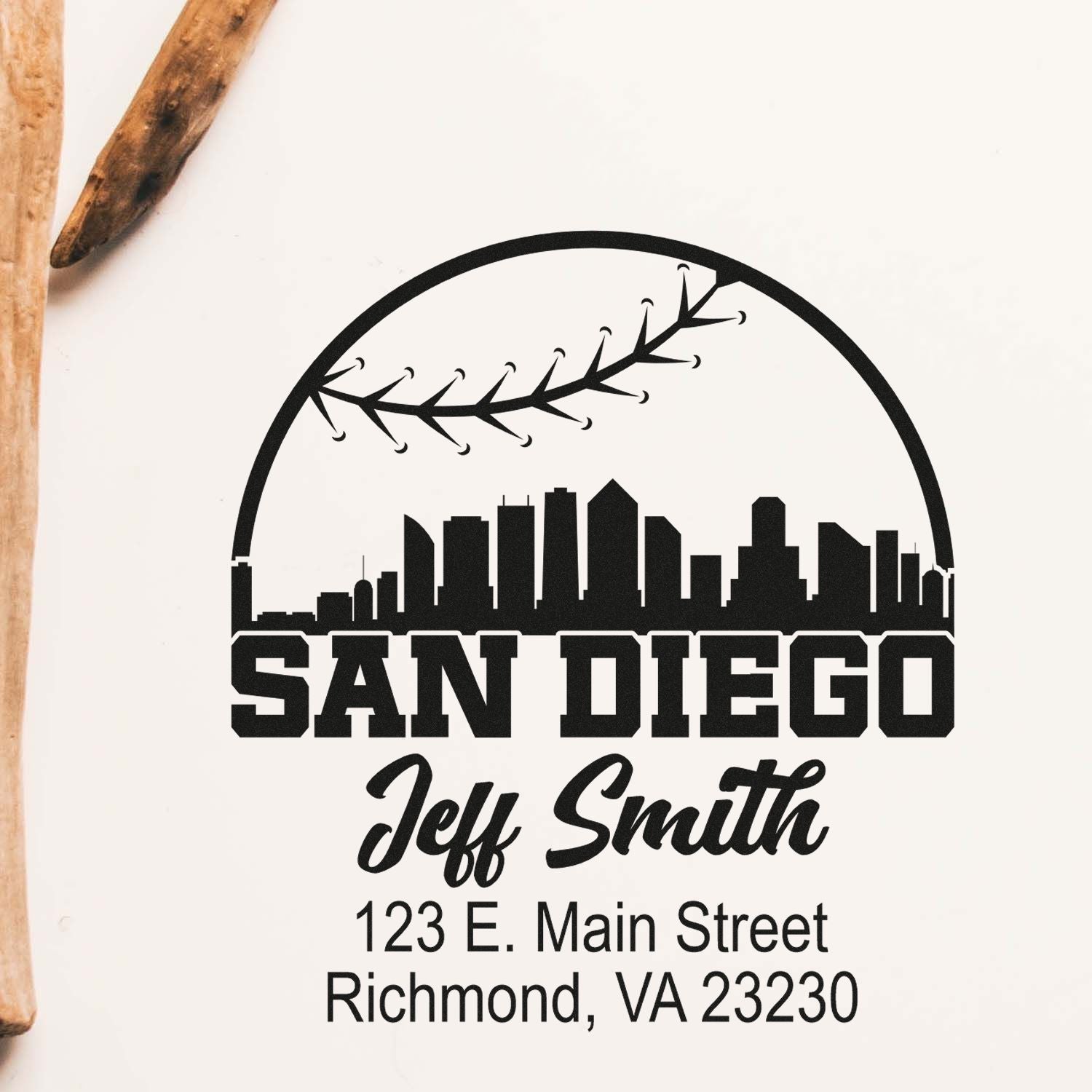 Custom San Diego rubber stamp with skyline, airplane, and personalized return address for Jeff Smith