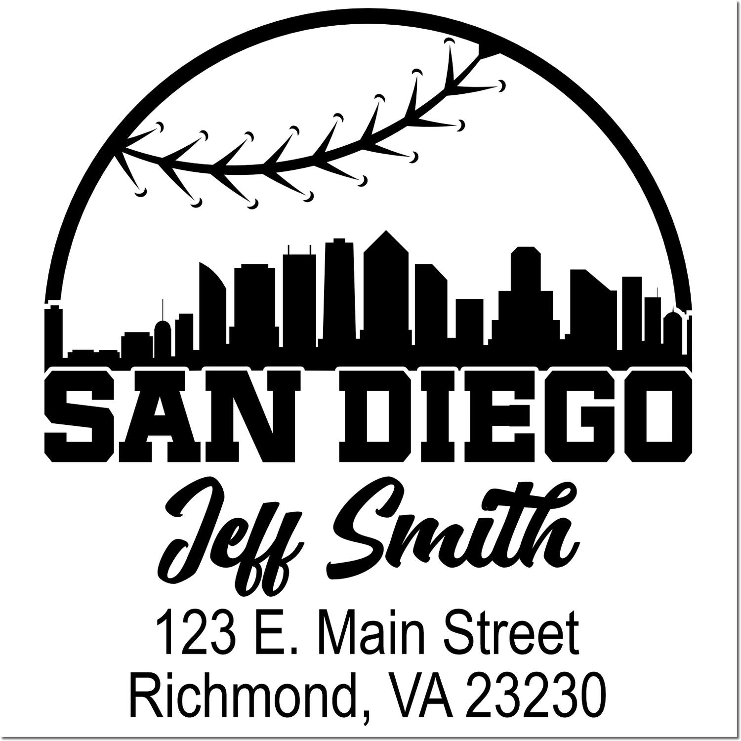 Custom return address rubber stamp with San Diego skyline, Jeff Smith name, and Richmond, VA 23230 address.