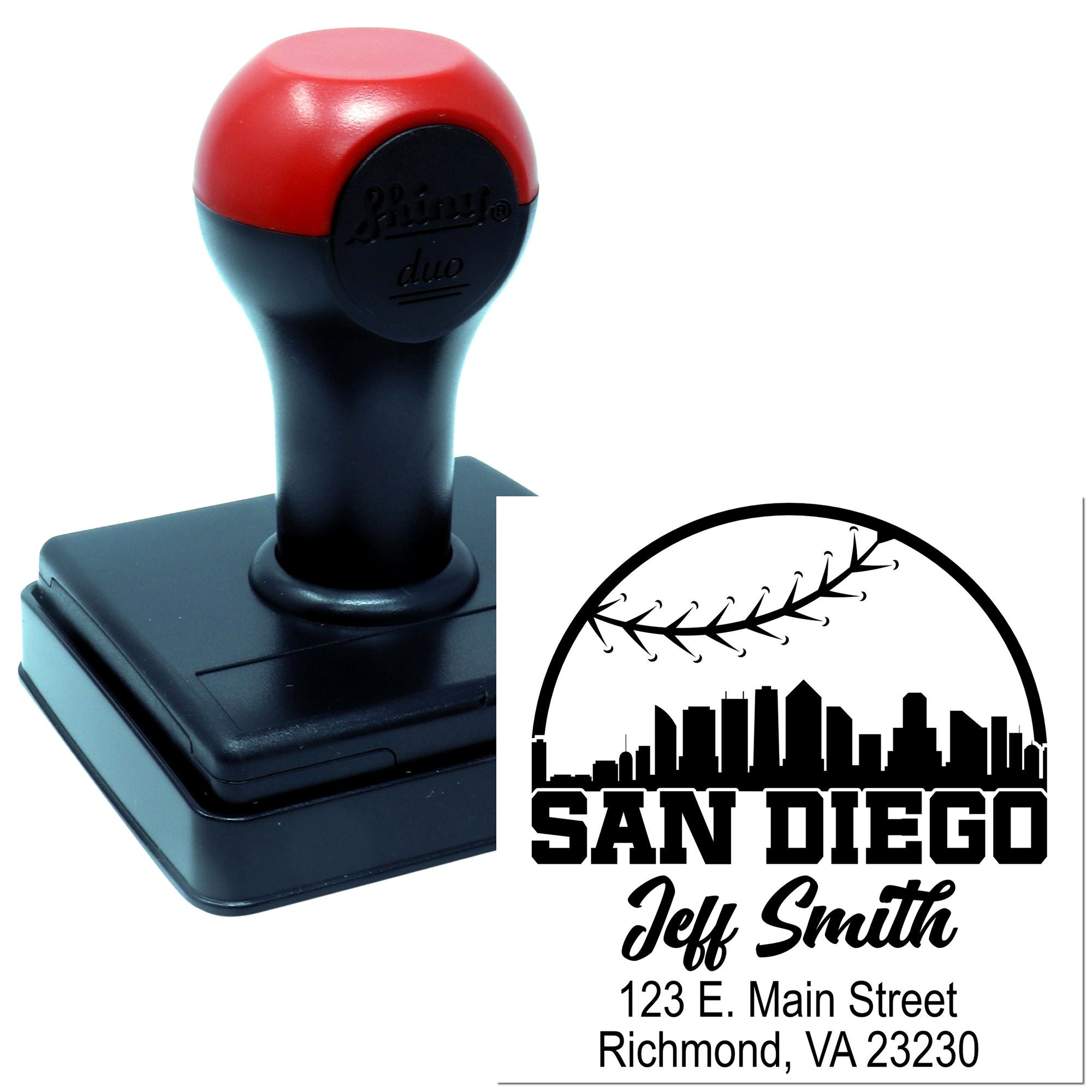 Custom self-inking rubber stamp with San Diego address design for Jeff Smith, featuring city skyline and mailing details.