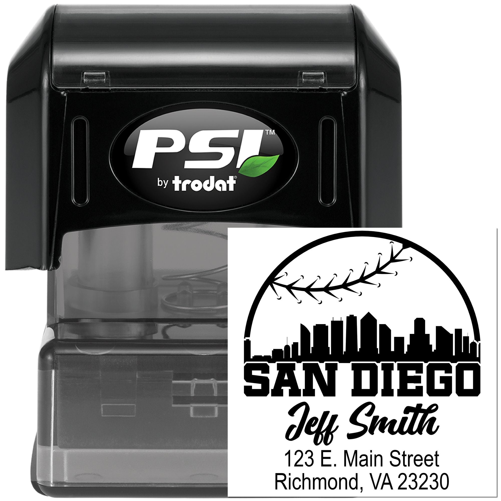 Custom self-inking rubber stamp with San Diego address design, ideal for personalized business or return-address stamping.