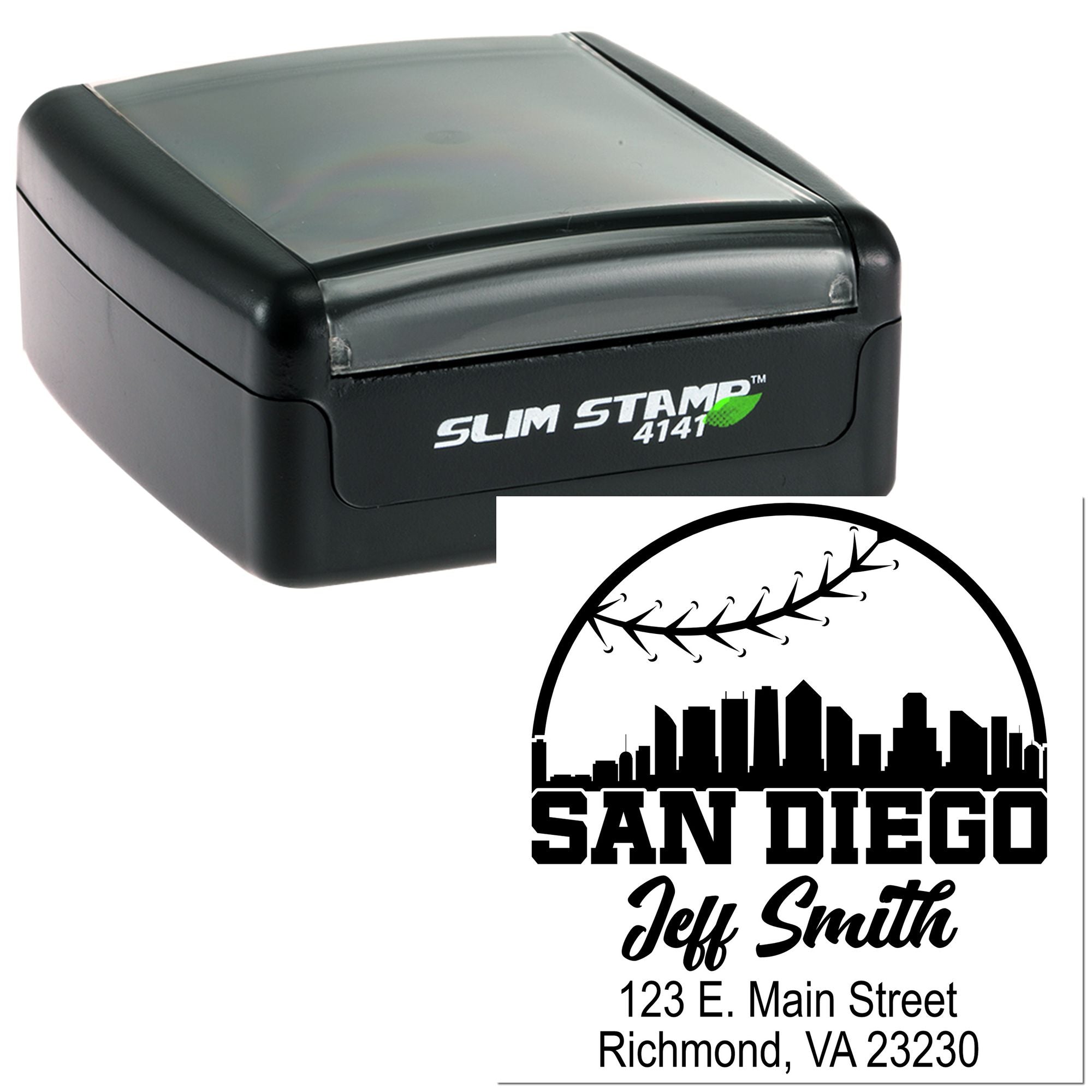 Custom self-inking rubber stamp with San Diego address imprint, skyline logo, and Jeff Smith name for business mailing.