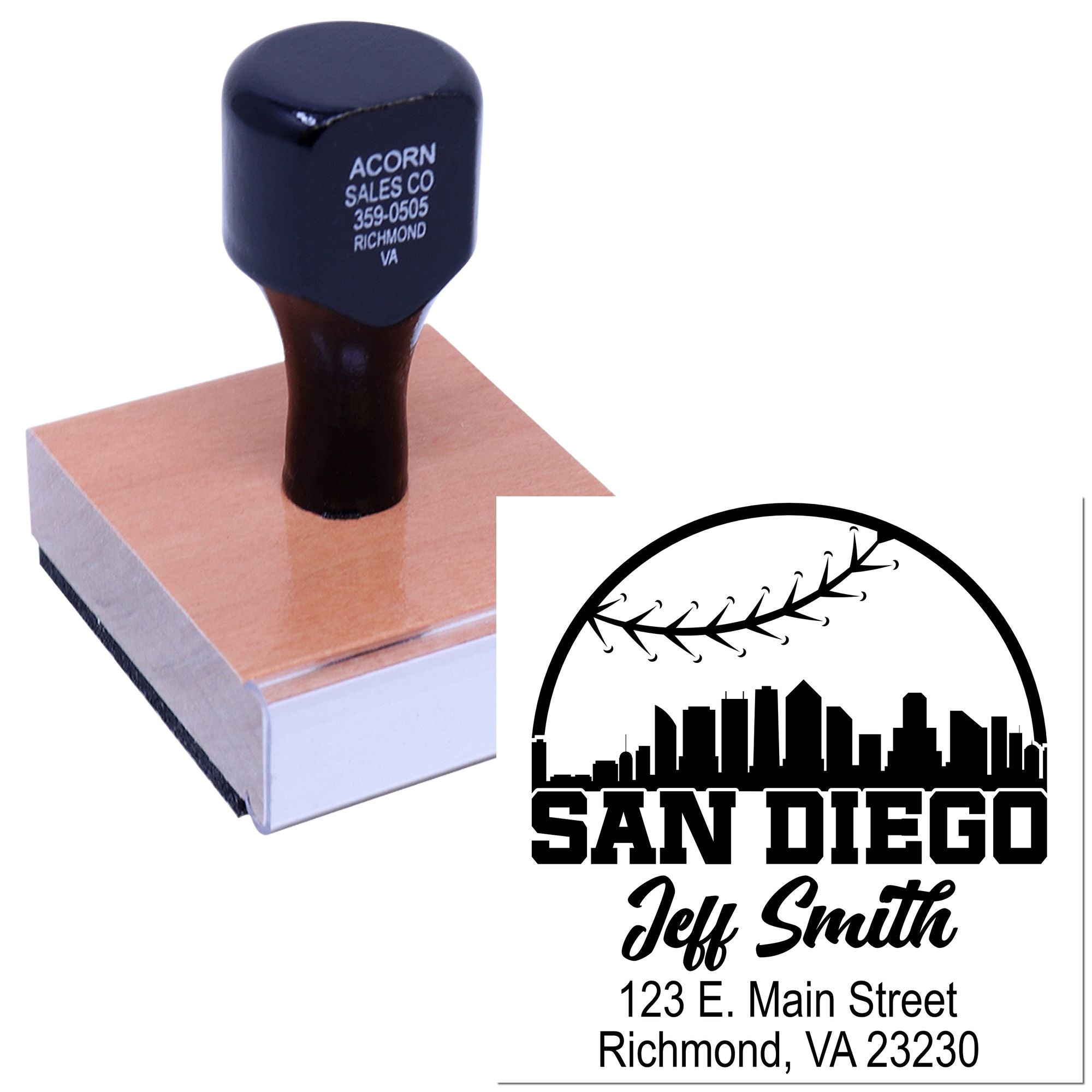 Custom rubber address stamp with San Diego logo, name, and mailing address for business branding and envelopes.