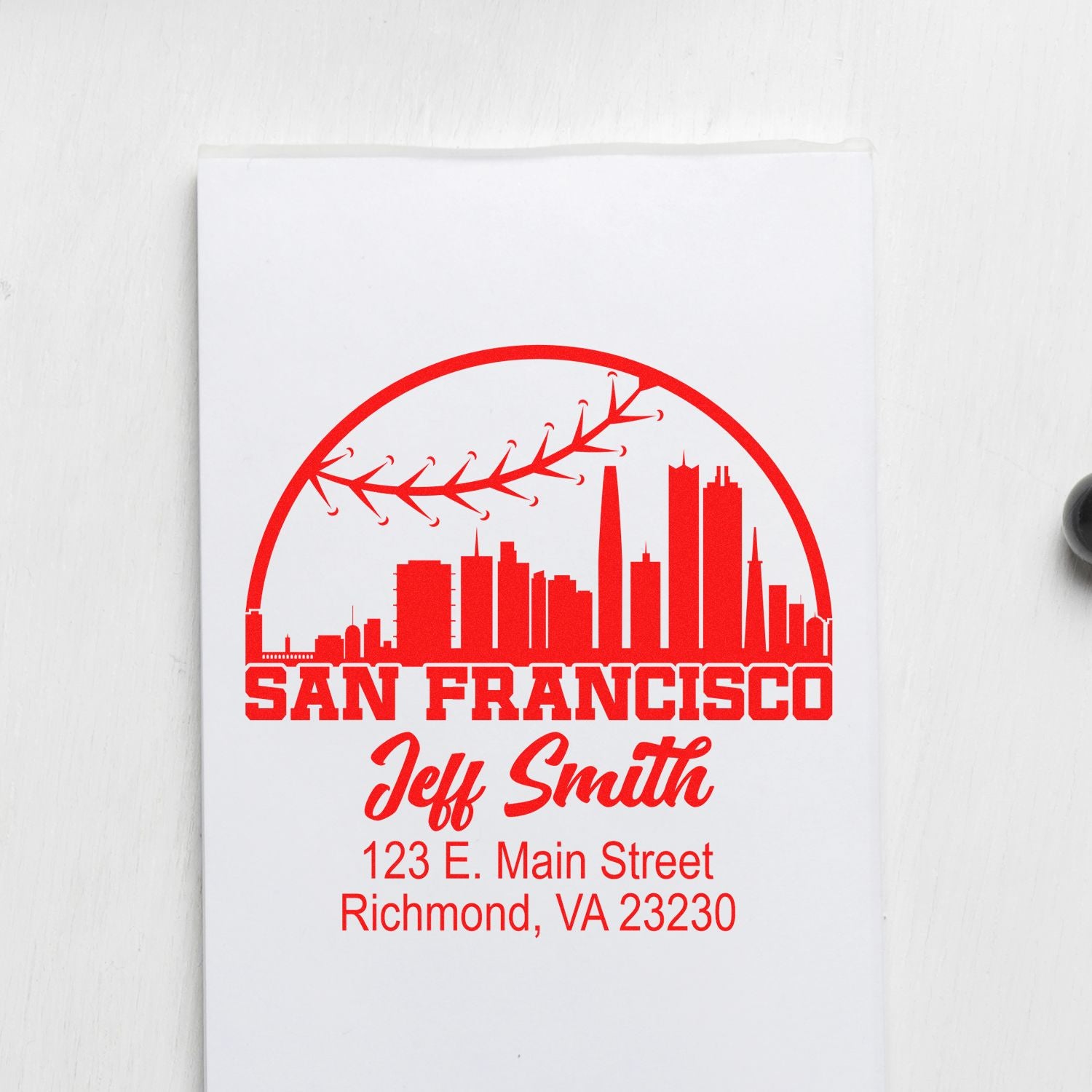 Custom San Francisco return address rubber stamp with skyline design, Jeff Smith name, and Richmond, VA mailing address.