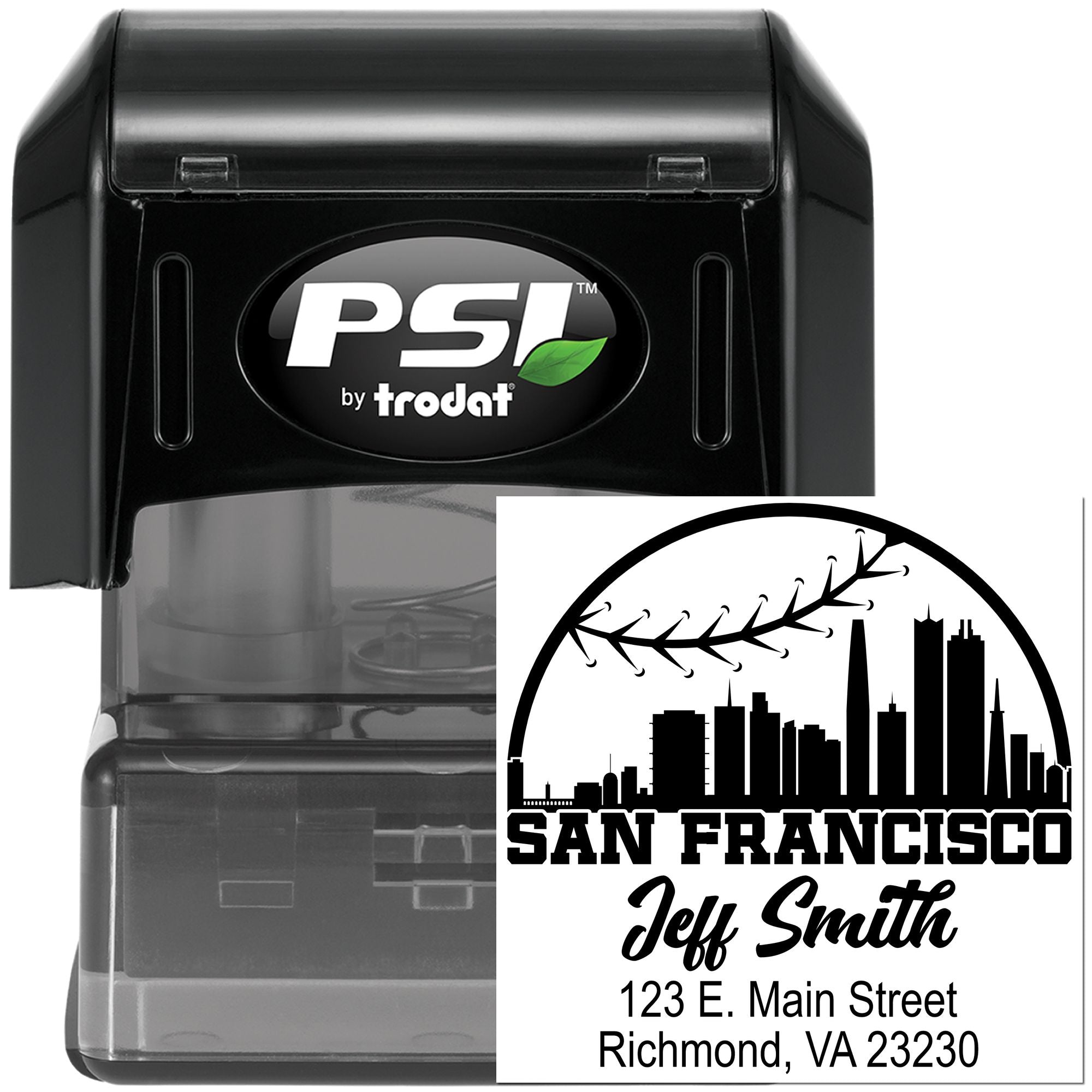 Custom self-inking rubber stamp by PSI Trodat with San Francisco skyline design and personalized name and address.