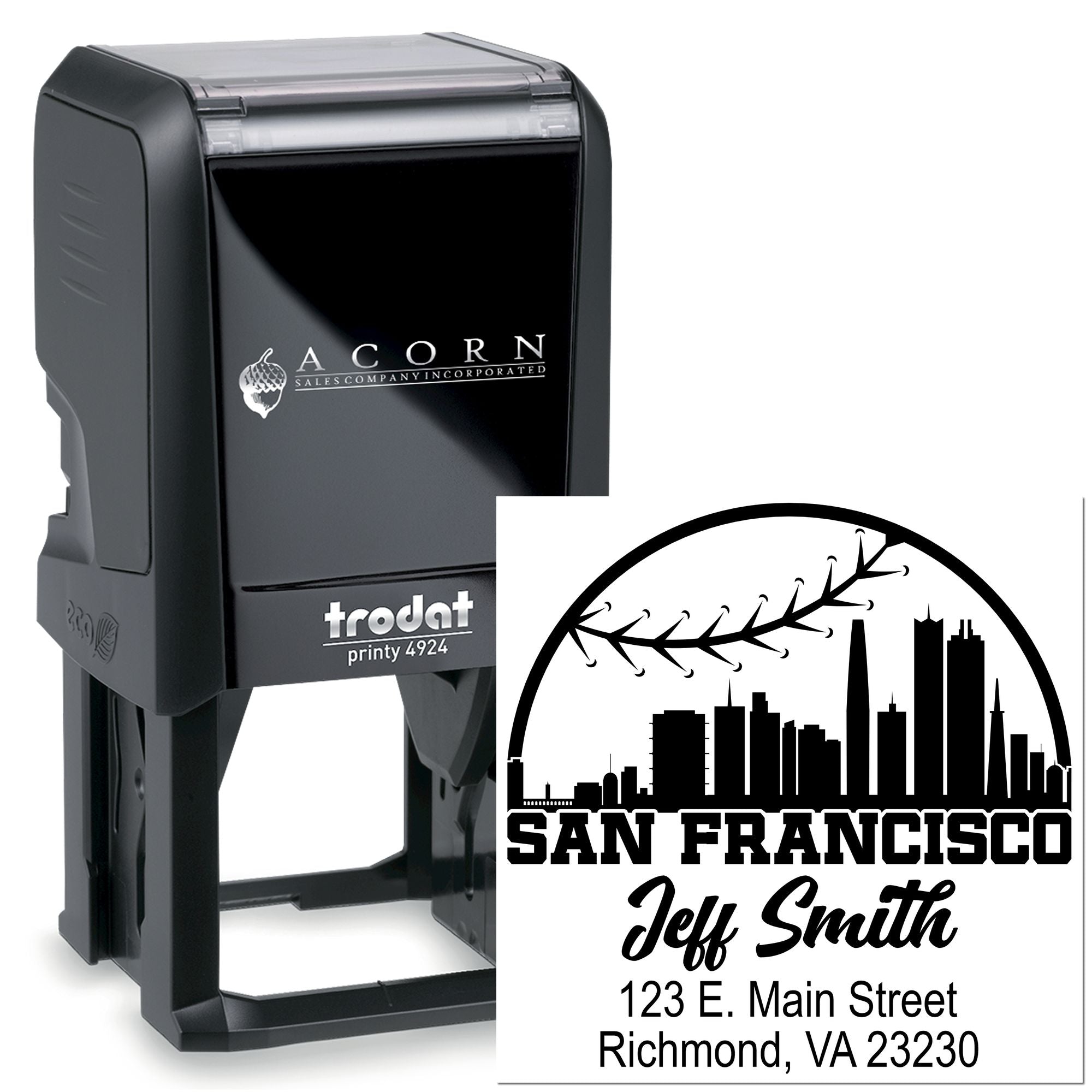 Trodat self-inking rubber stamp with custom San Francisco skyline, name and address imprint for business branding and mailings.