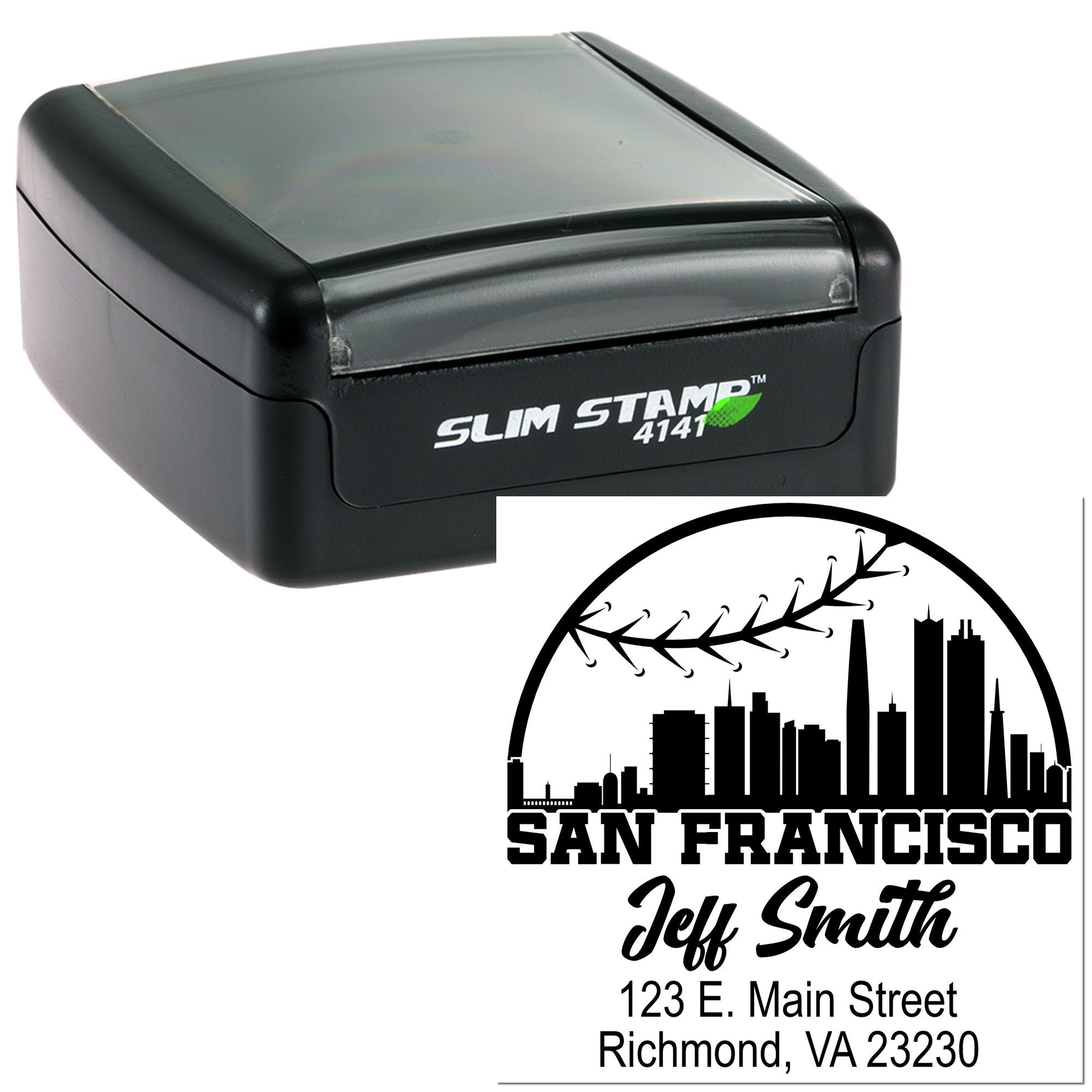 Custom self-inking Slim Stamp rubber stamp with personalized San Francisco return address imprint for Jeff Smith.