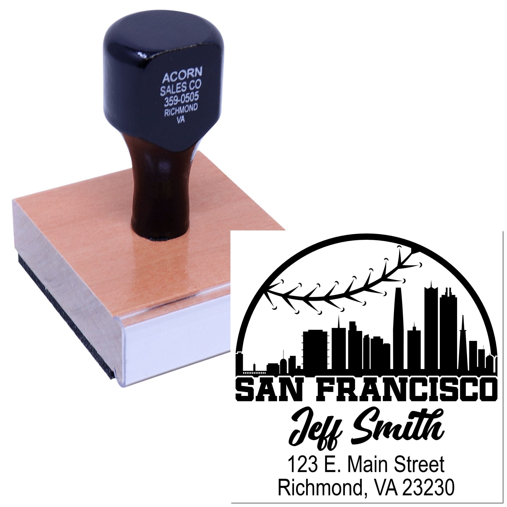 Custom rubber stamp with logo and return address for personalized business mailing and branding.