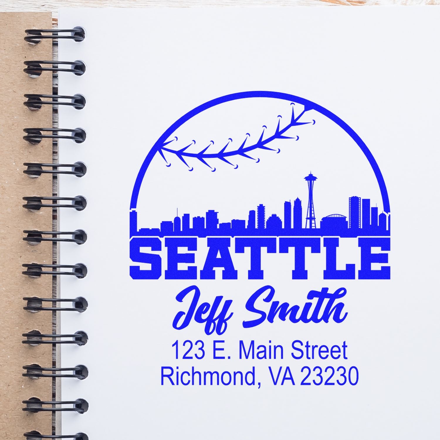 Custom Seattle address rubber stamp design with skyline, Jeff Smith, and Richmond, VA mailing address.