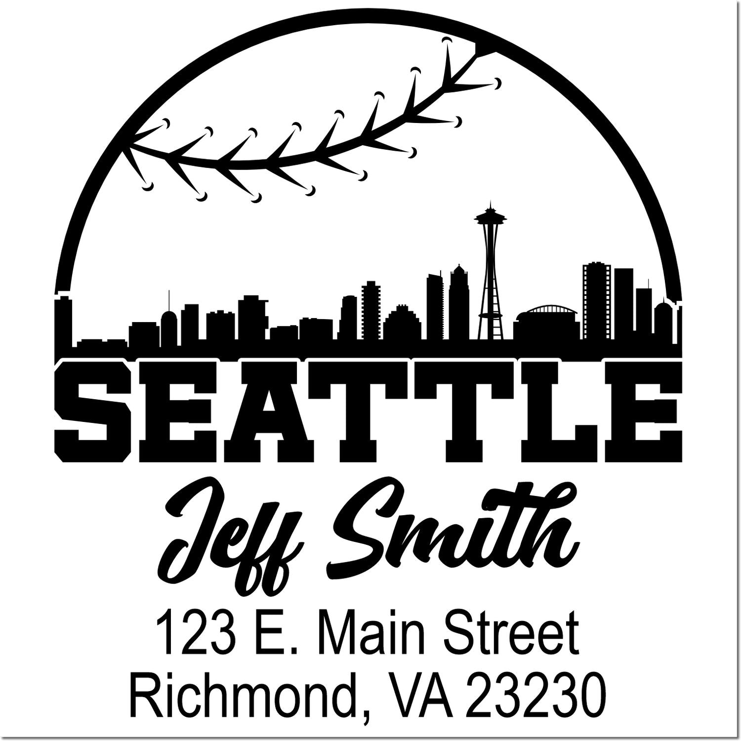 Custom Seattle skyline return address rubber stamp for Jeff Smith, 123 E. Main Street, Richmond, VA 23230.