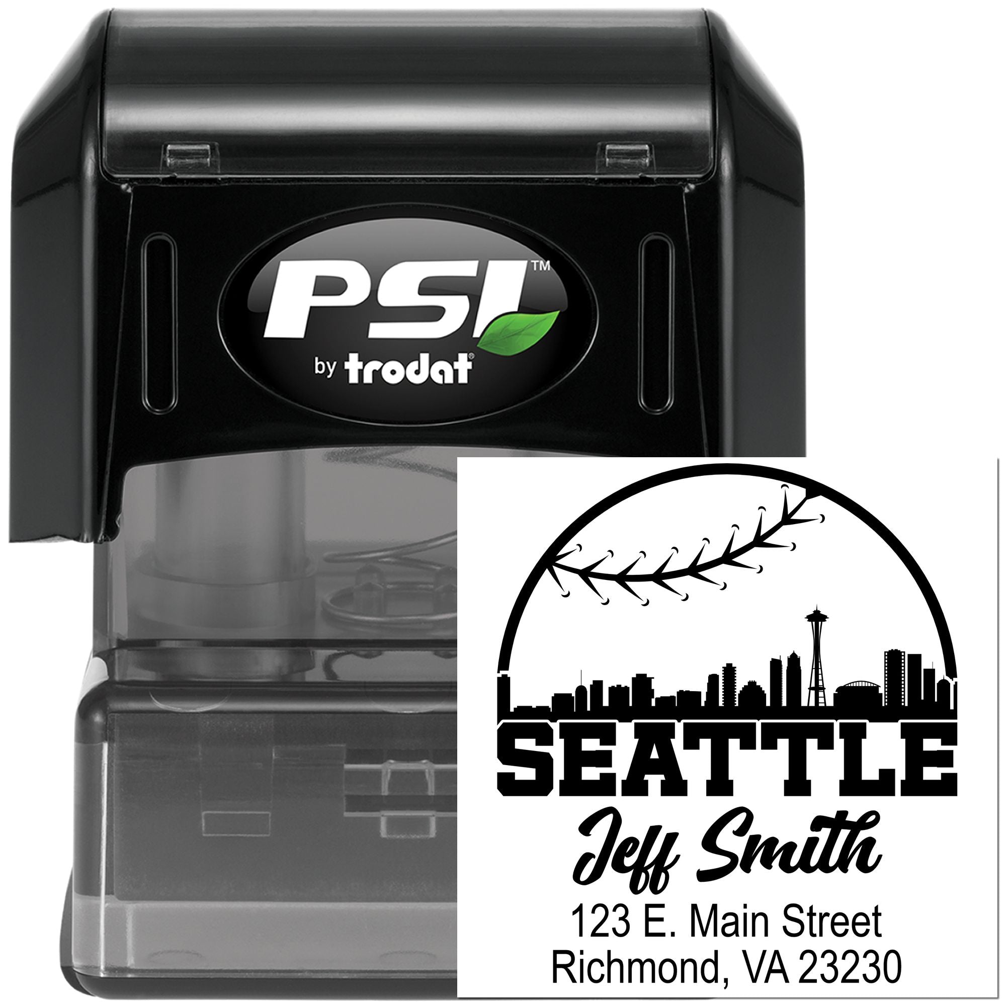 Custom PSI by Trodat self-inking rubber stamp with Seattle skyline return address for Jeff Smith, 123 E. Main Street