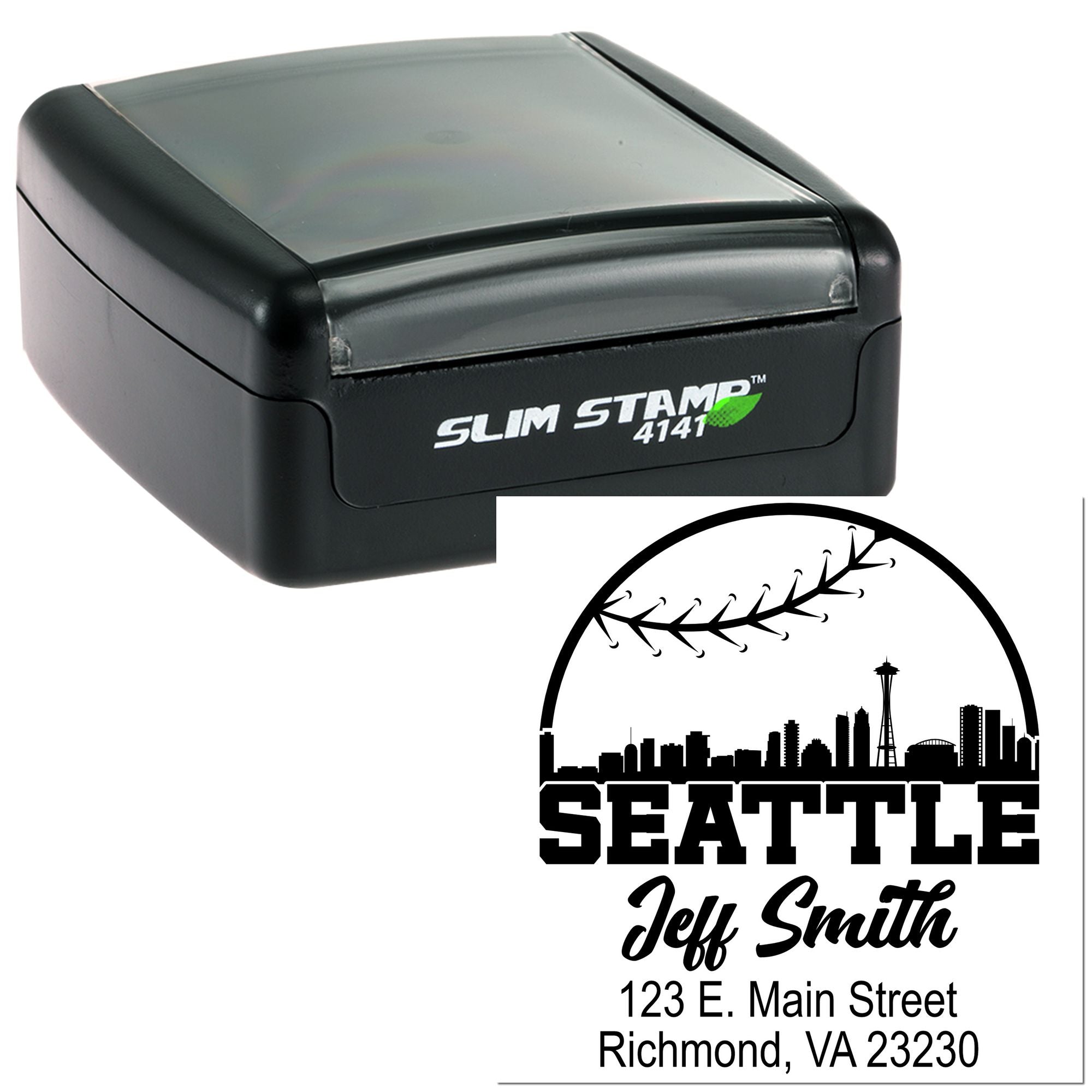 Custom Seattle return address self-inking rubber stamp with skyline and personalized name/address.