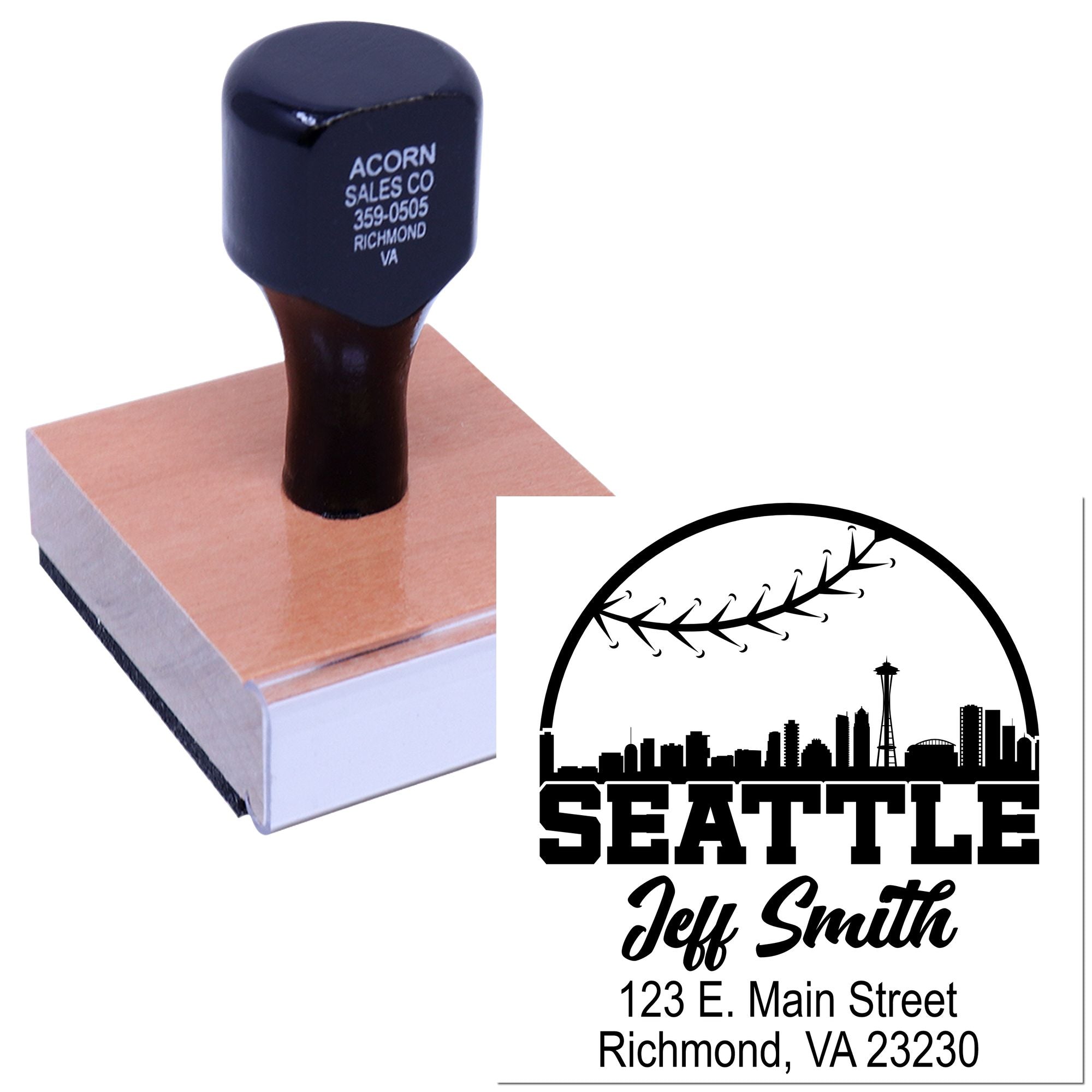 Custom Seattle return address rubber stamp with skyline design for personalized mailing and business branding.