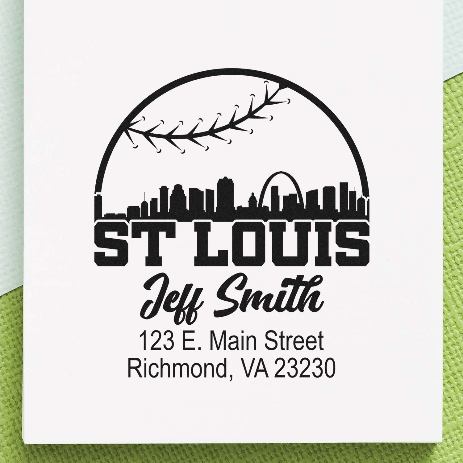 Custom St. Louis return address rubber stamp with skyline, Jeff Smith name, and Richmond, VA address.