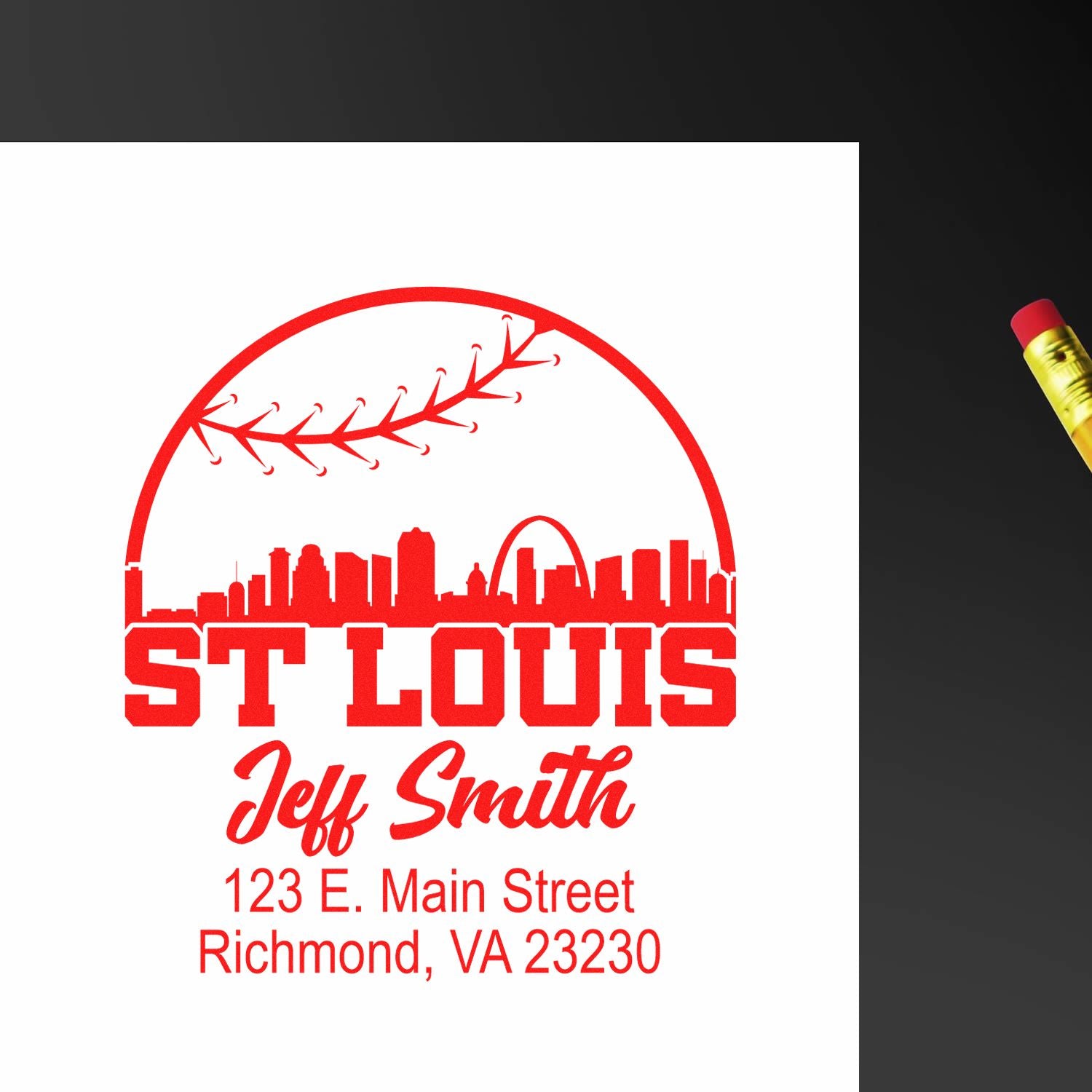 Custom rubber address stamp with St. Louis skyline, Jeff Smith, and Richmond, VA return address.