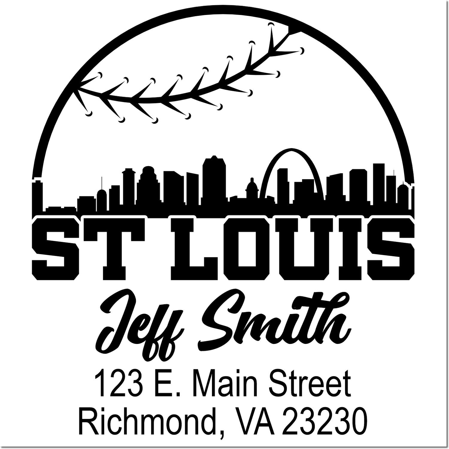 Custom St. Louis return address rubber stamp with skyline, Jeff Smith, and Richmond, VA 23230 mailing details.