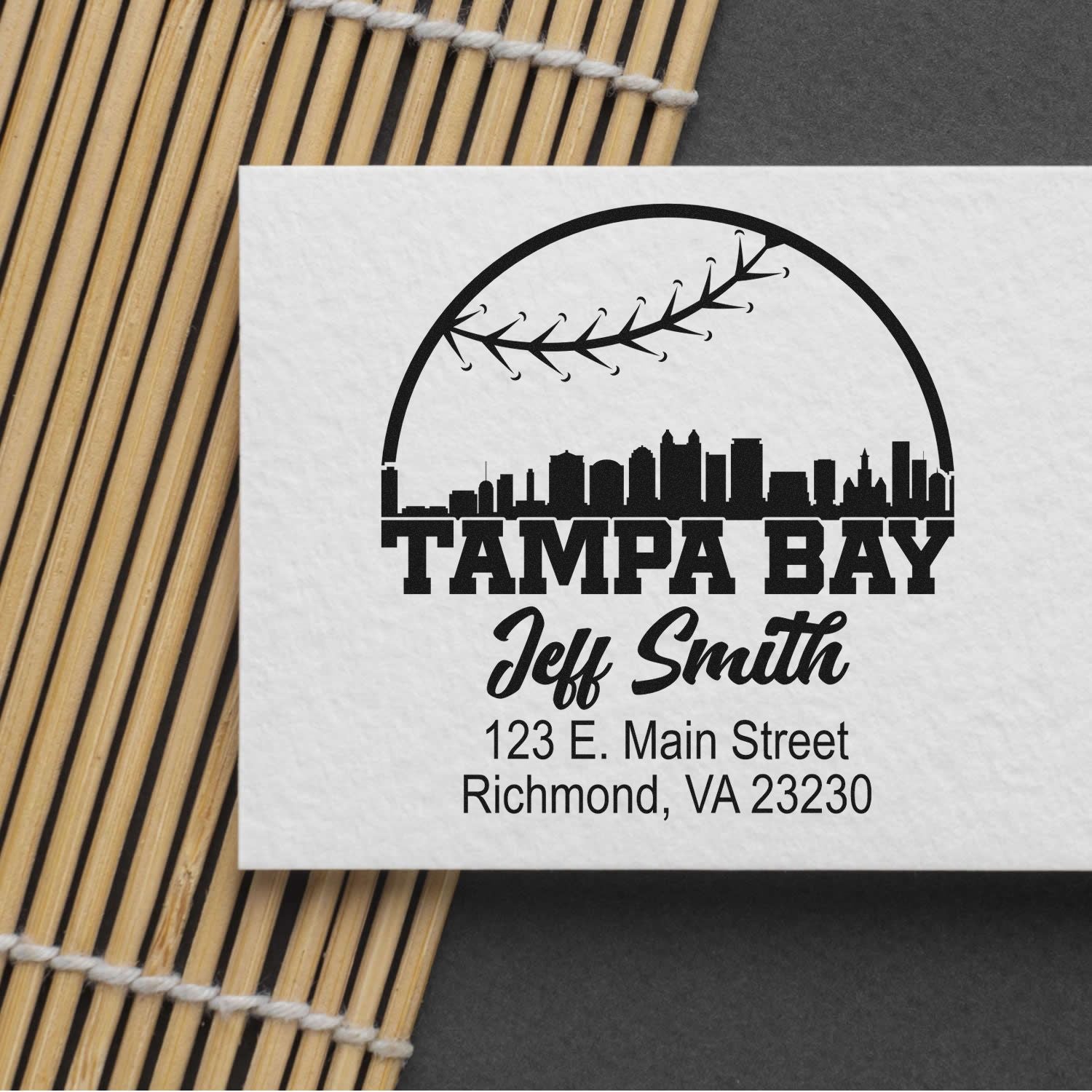 Custom Tampa Bay return address rubber stamp with skyline, aircraft, and personalized name and address design.