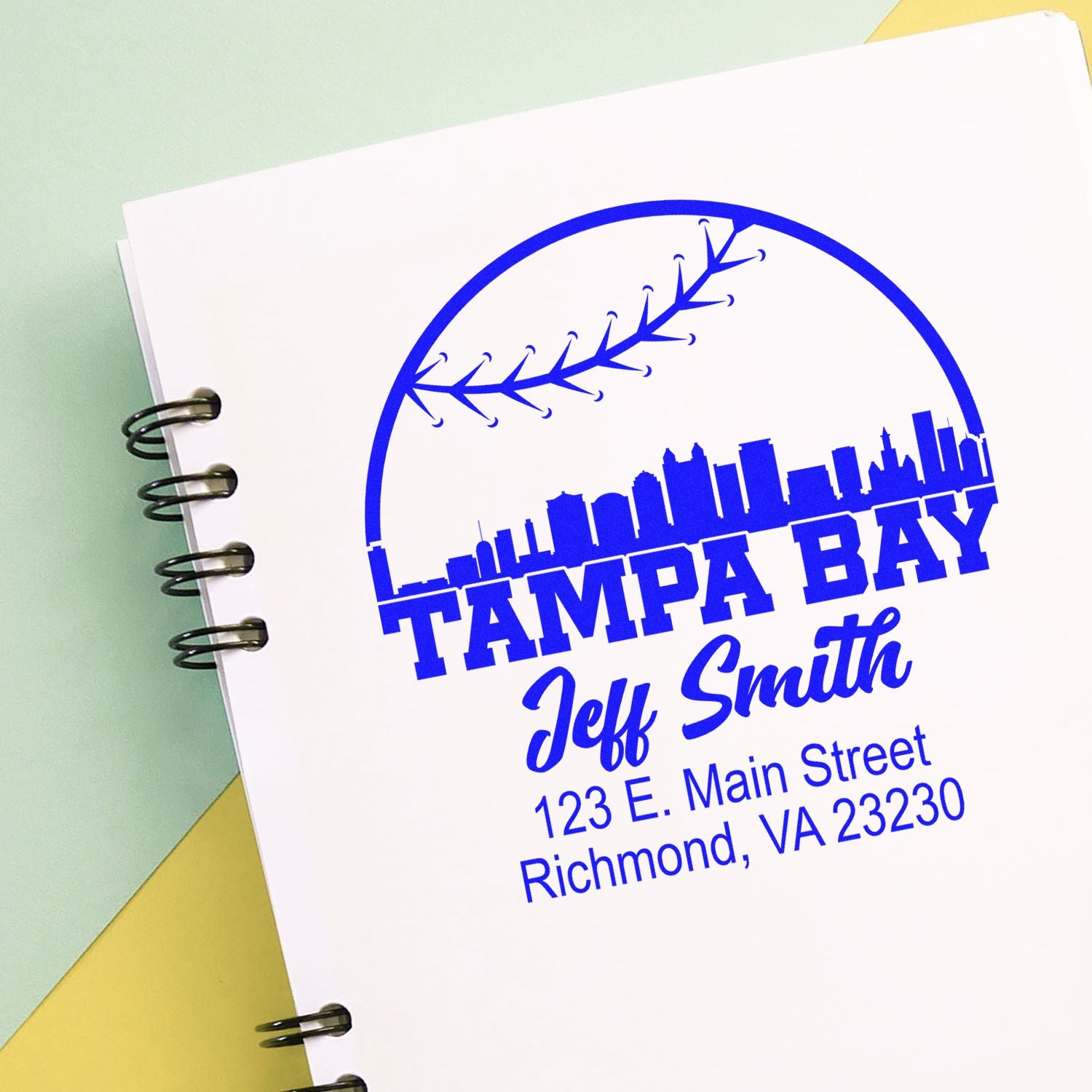 Custom Tampa Bay rubber stamp with skyline logo, Jeff Smith name, and Richmond, VA address for personalized business branding.