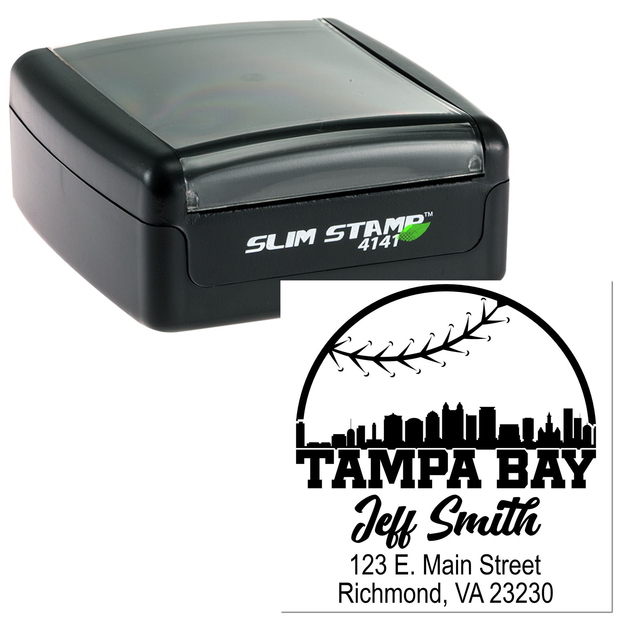 Custom self-inking rubber stamp showing Tampa Bay address imprint for Jeff Smith, 123 E. Main Street, Richmond, VA.