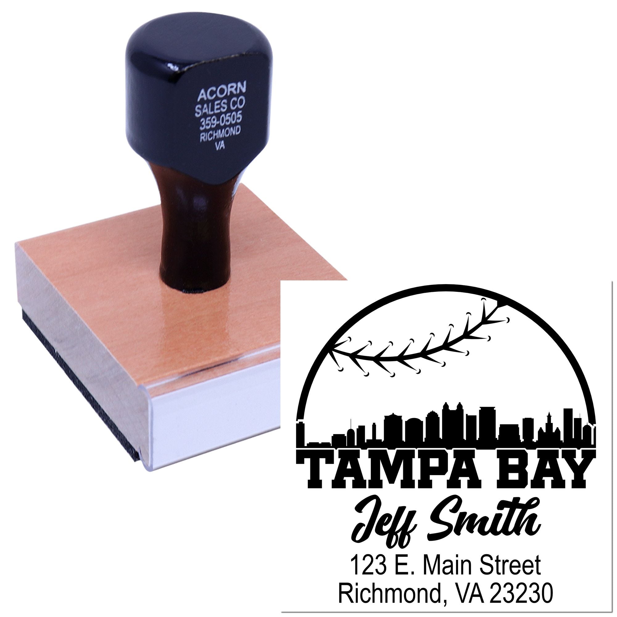 Custom rubber address stamp with Tampa Bay logo, name, and address for branding envelopes, packaging, and mailings.