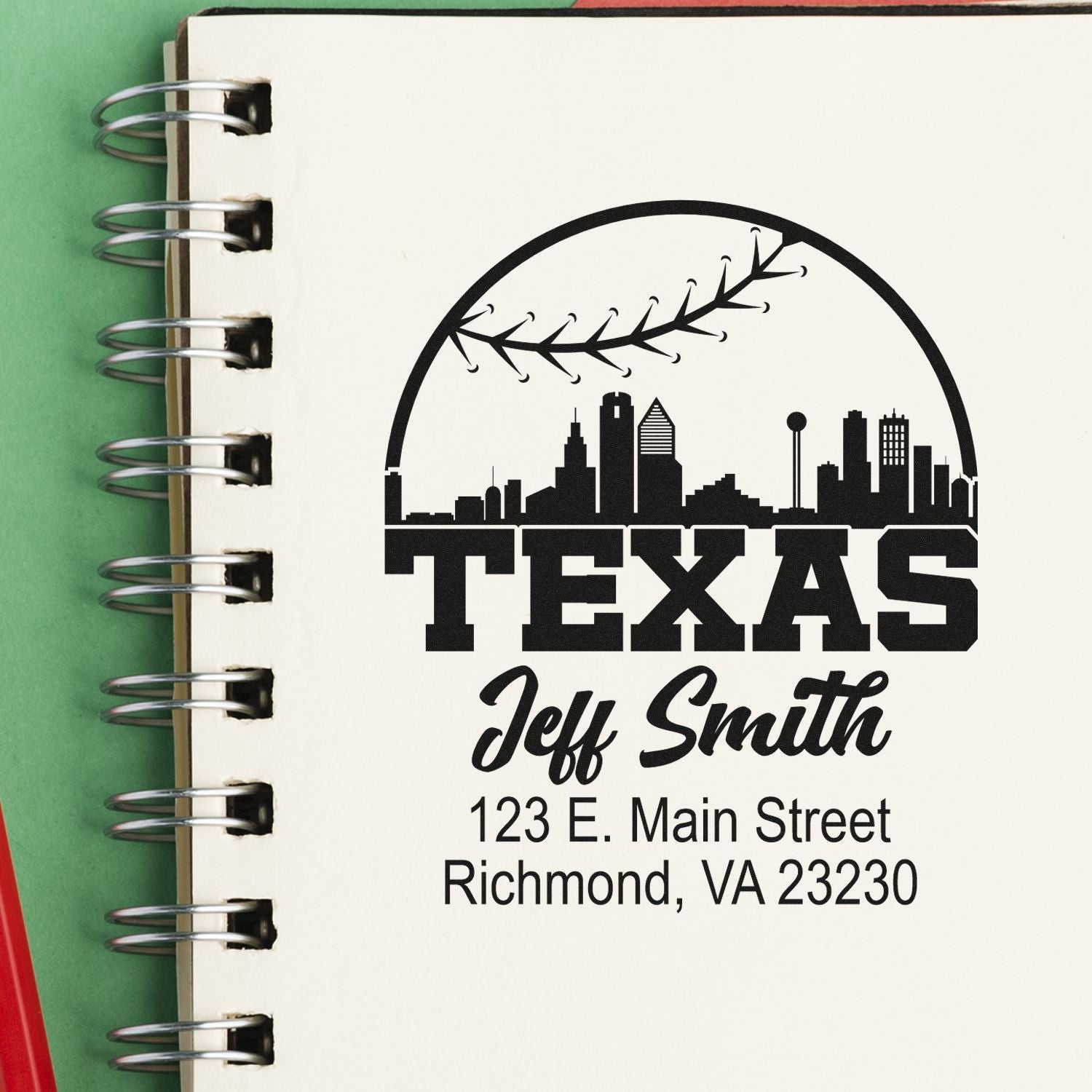 Personalized Texas address rubber stamp with skyline logo, Jeff Smith name, and Richmond, VA mailing address