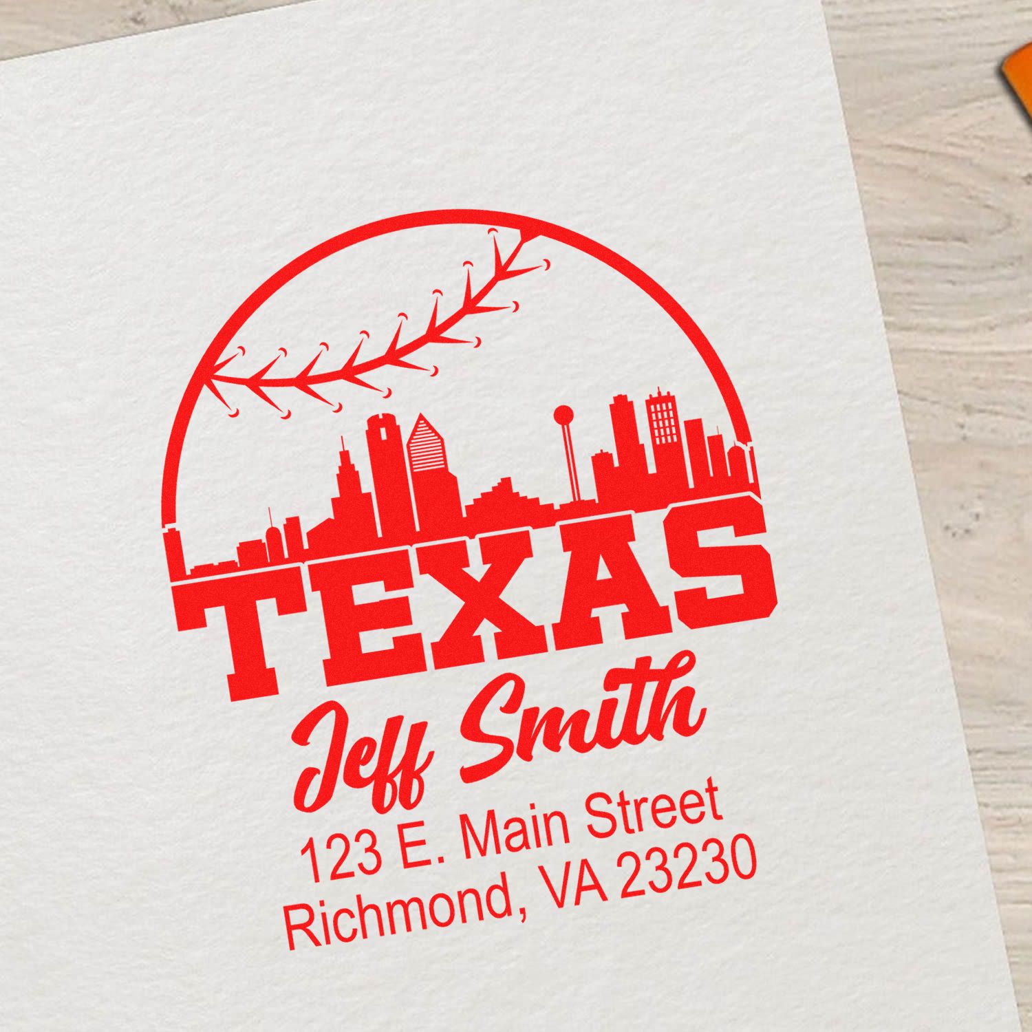 Custom Texas baseball address stamp with skyline, name, and Richmond, VA mailing details.