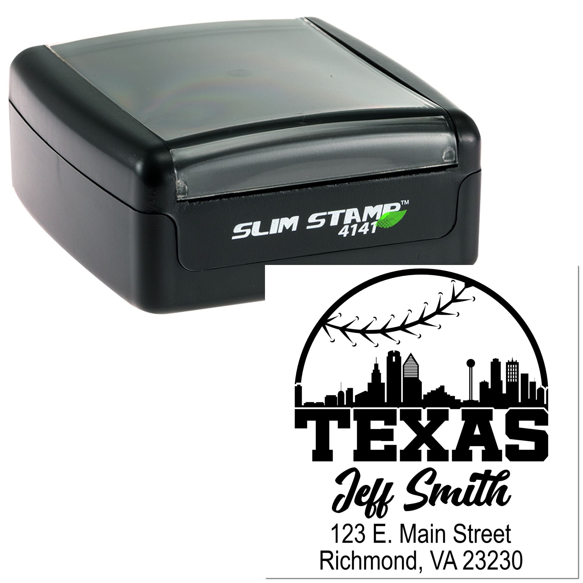 Custom Texas self-inking address rubber stamp with skyline logo, Jeff Smith name, and Richmond VA return address.