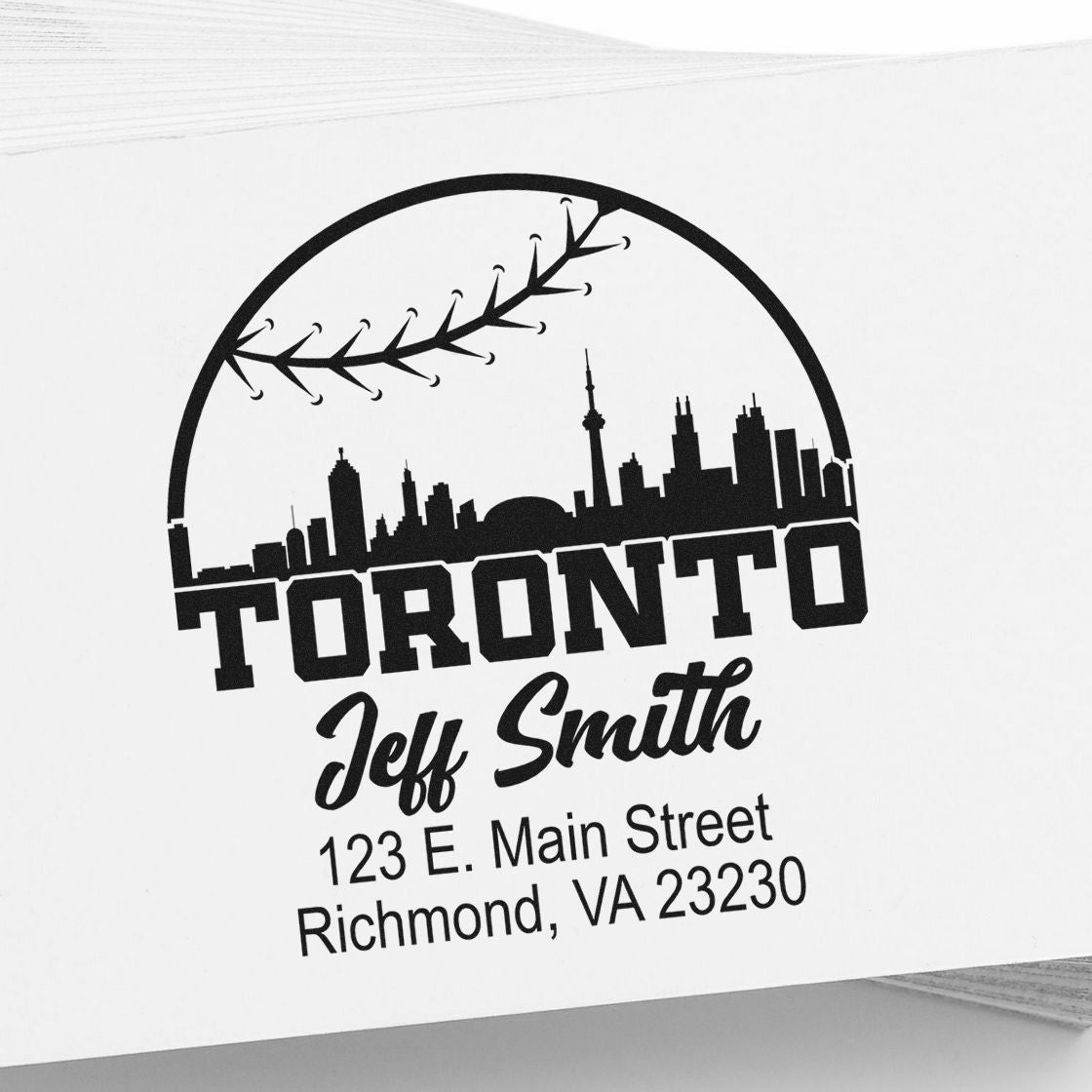 Custom Toronto skyline rubber stamp with Jeff Smith return address, 123 E. Main Street, Richmond, VA 23230.