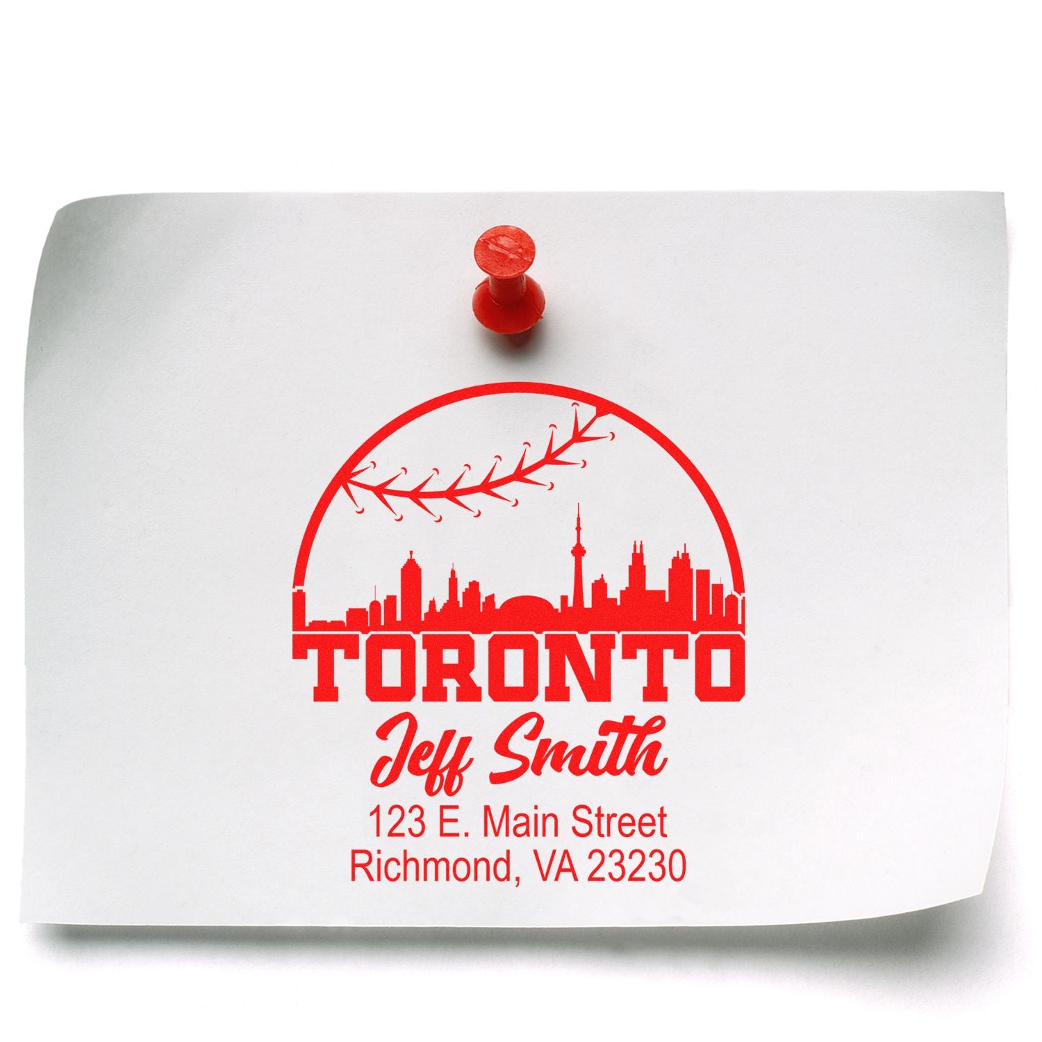 Custom Toronto skyline rubber stamp with Jeff Smith name and Richmond, VA address for business mailings.