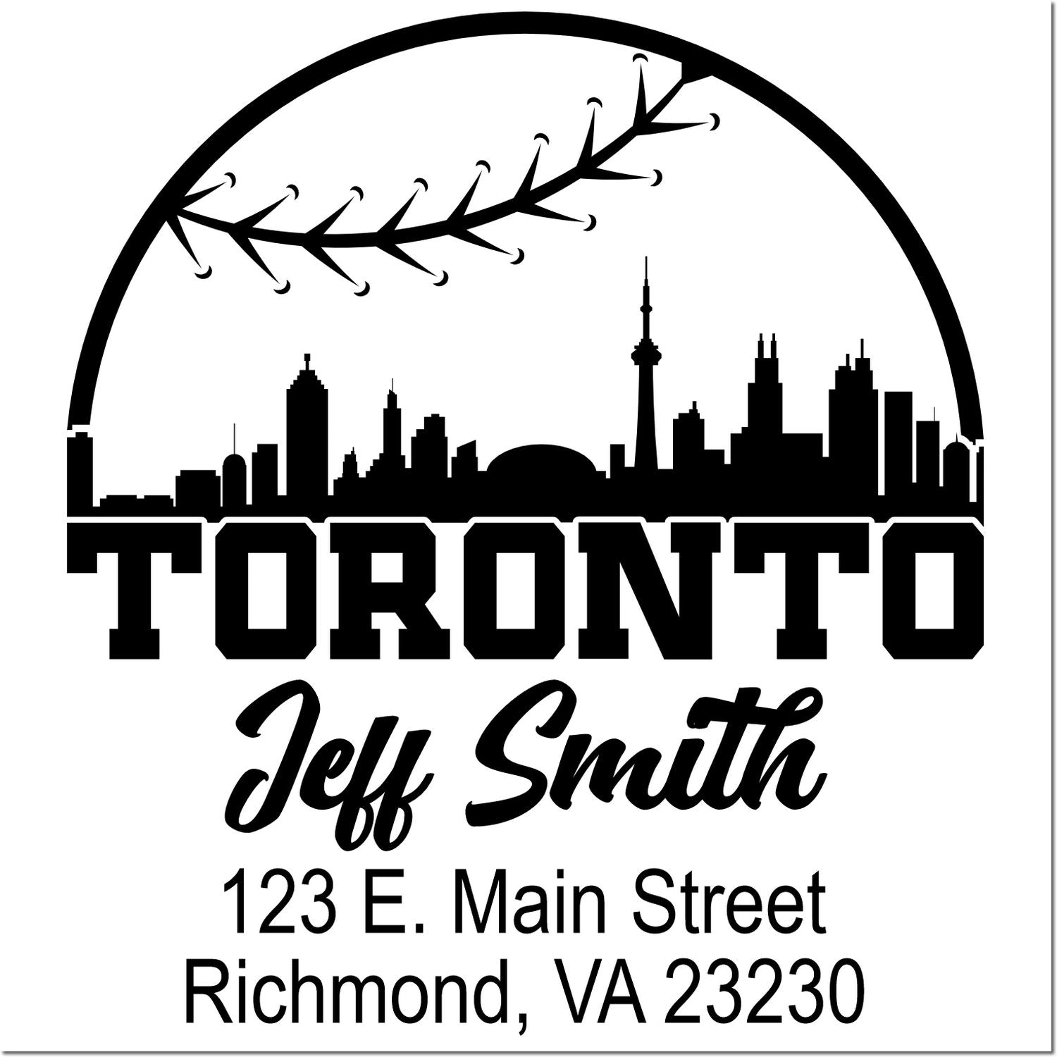 Custom Toronto return address rubber stamp with skyline, airplane, Jeff Smith, and 123 E. Main Street, Richmond, VA 23230